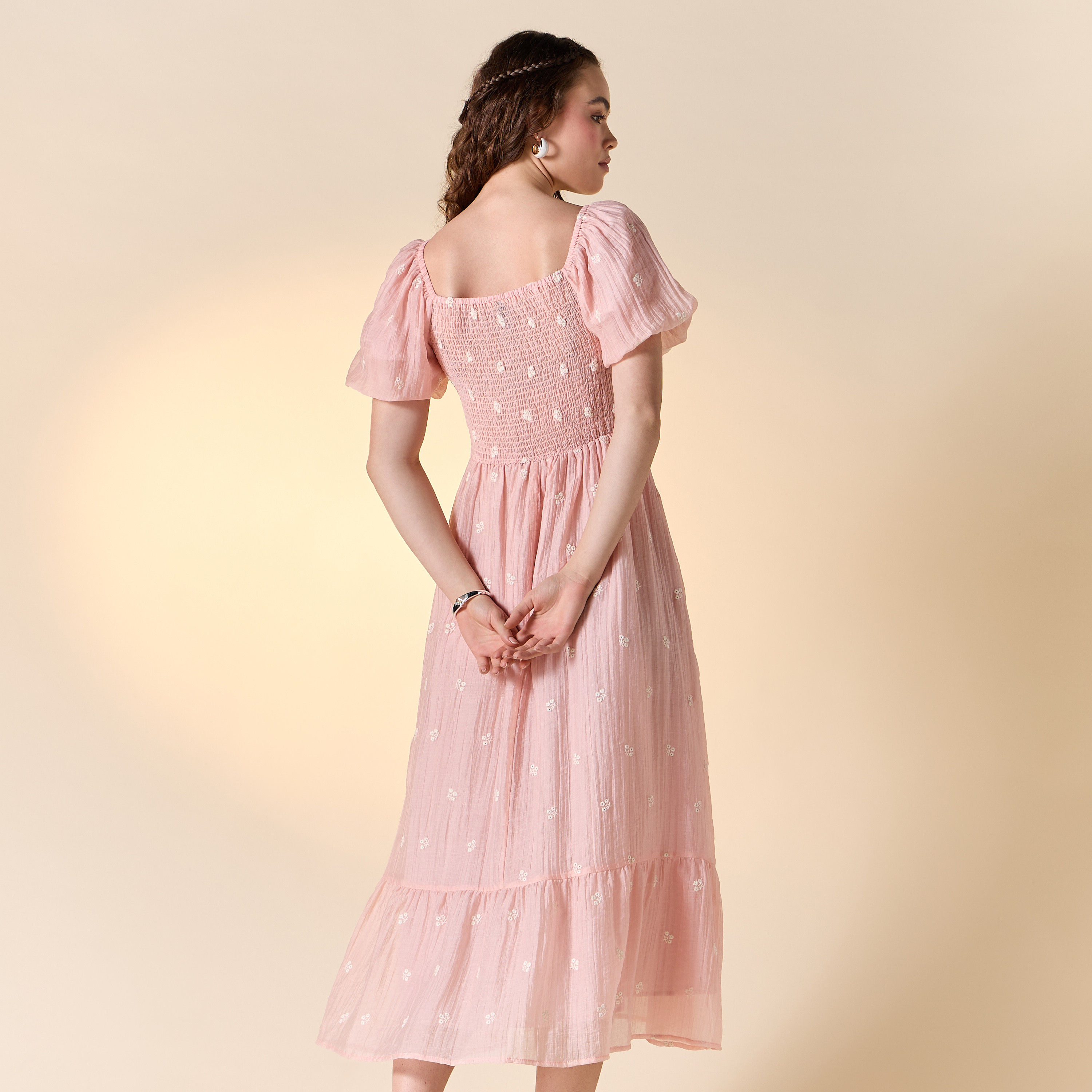Floral Embroidered Midi Dress with Sweetheart Neck and Short Sleeves-women-clothing-dresses-image-3