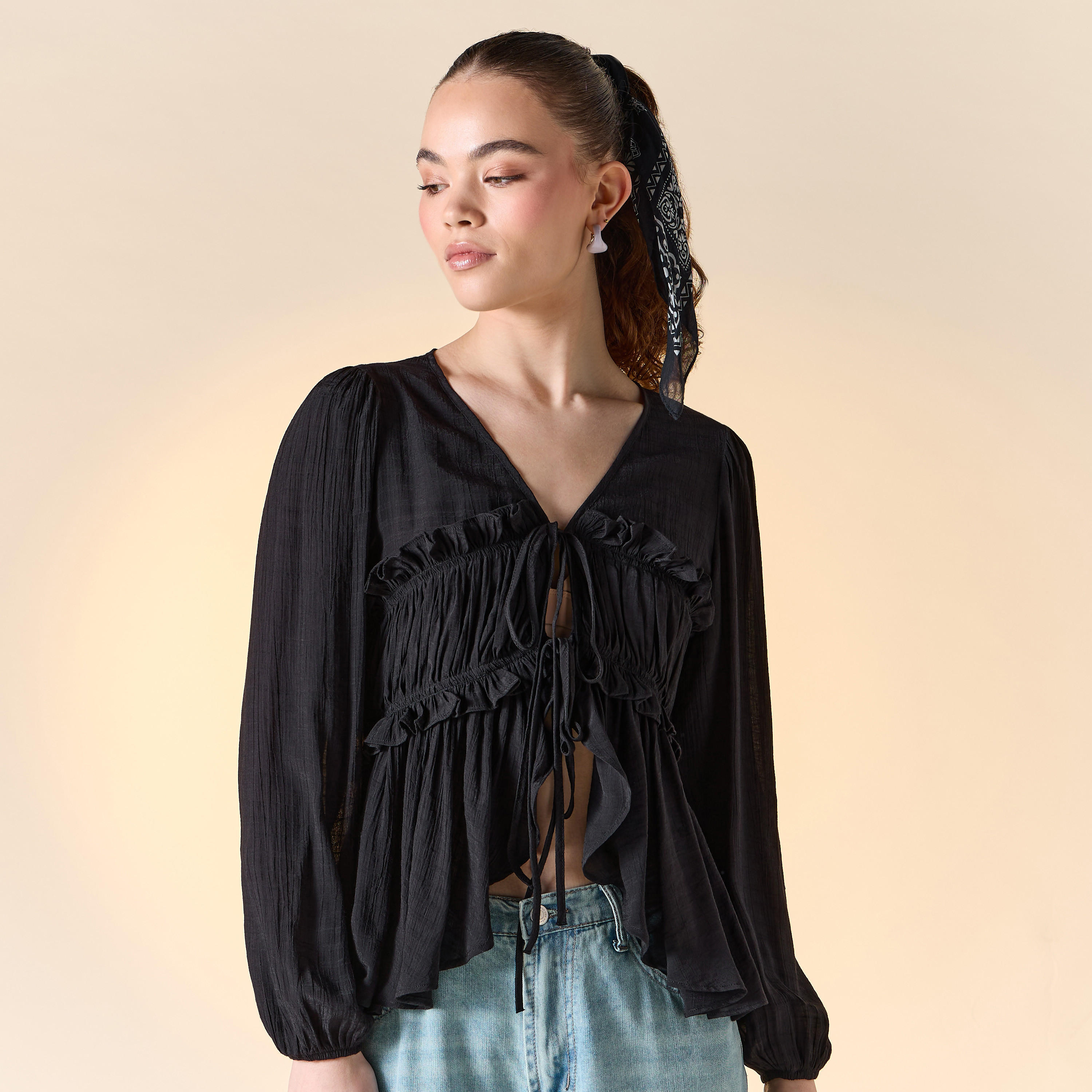 Textured V-neck Top with Ruched Detail and Tie-Up-women-clothing-shirtsandblouses-blouses-image-5