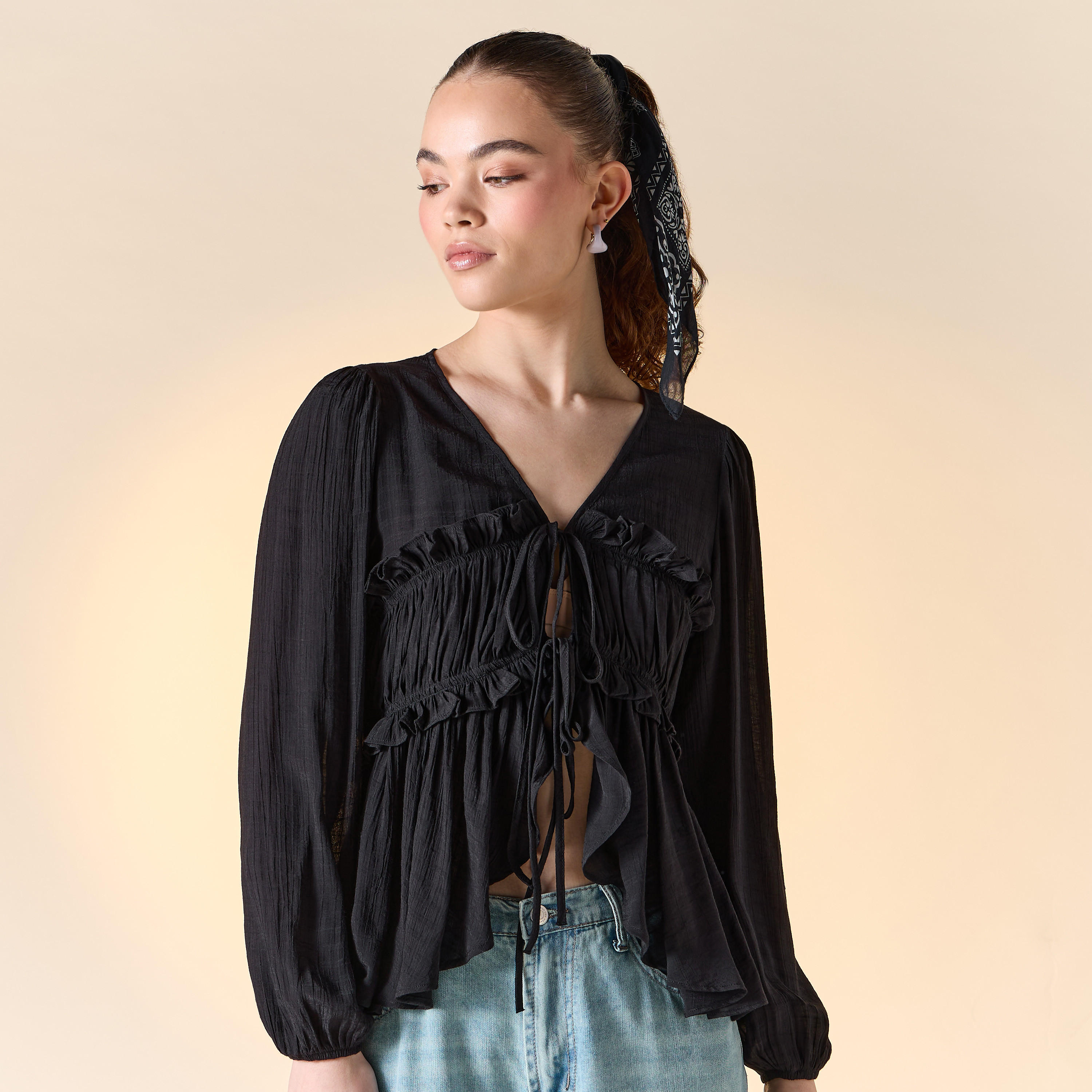 Textured V-neck Top with Ruched Detail and Tie-Up-women-clothing-shirtsandblouses-blouses-image-6