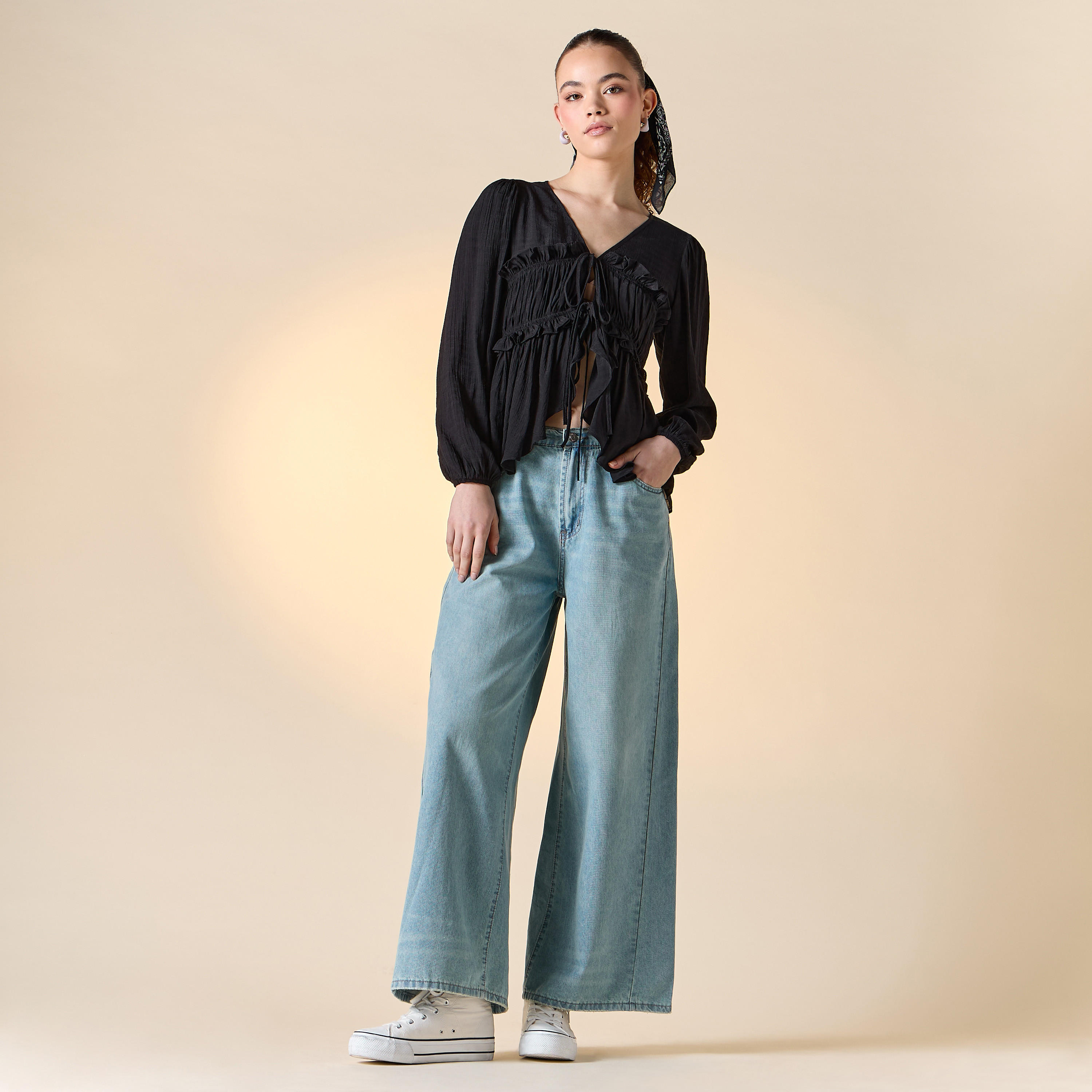 Textured V-neck Top with Ruched Detail and Tie-Up-women-clothing-shirtsandblouses-blouses-image-7