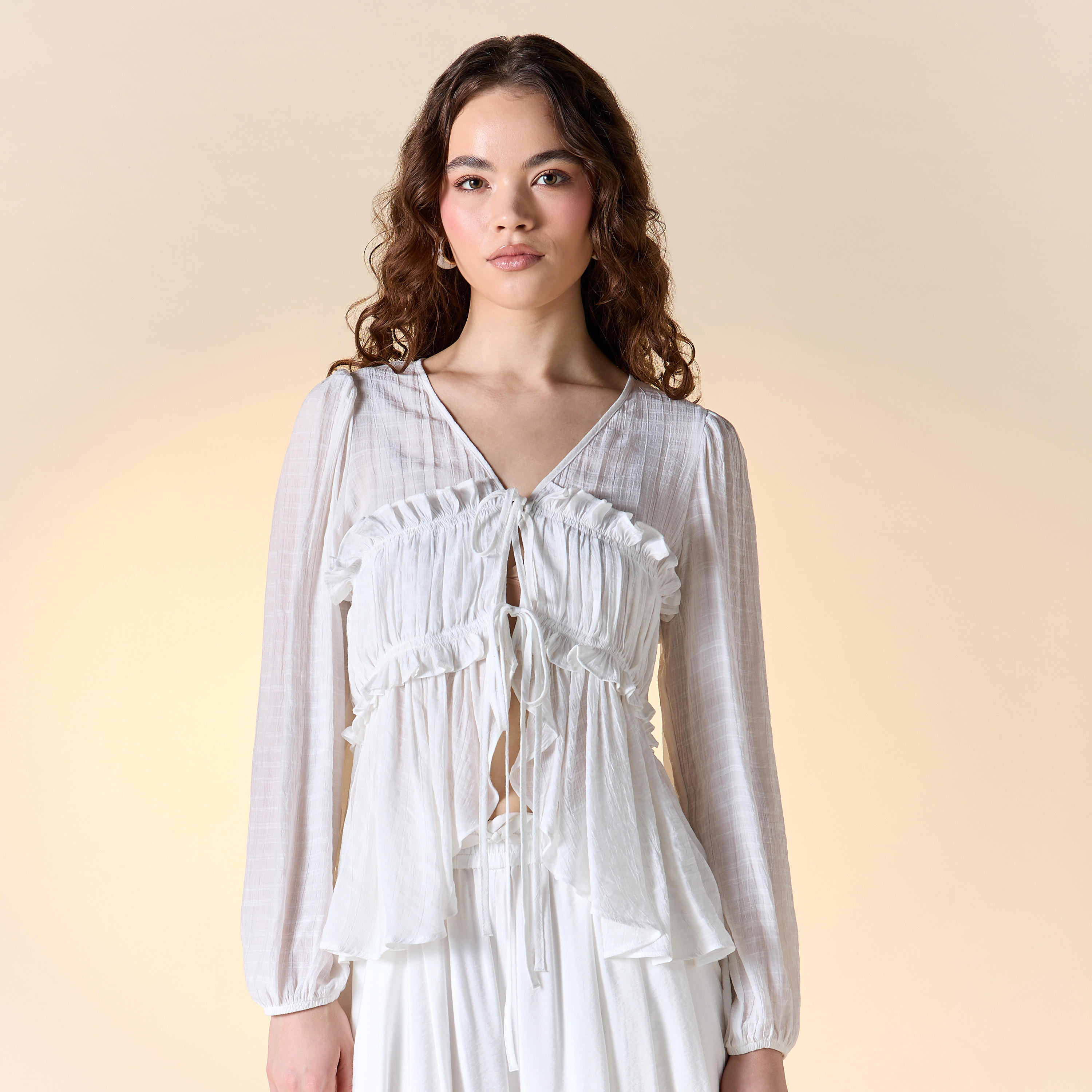 Textured V-neck Top with Ruched Detail and Tie-Up-women-clothing-shirtsandblouses-blouses-image-1