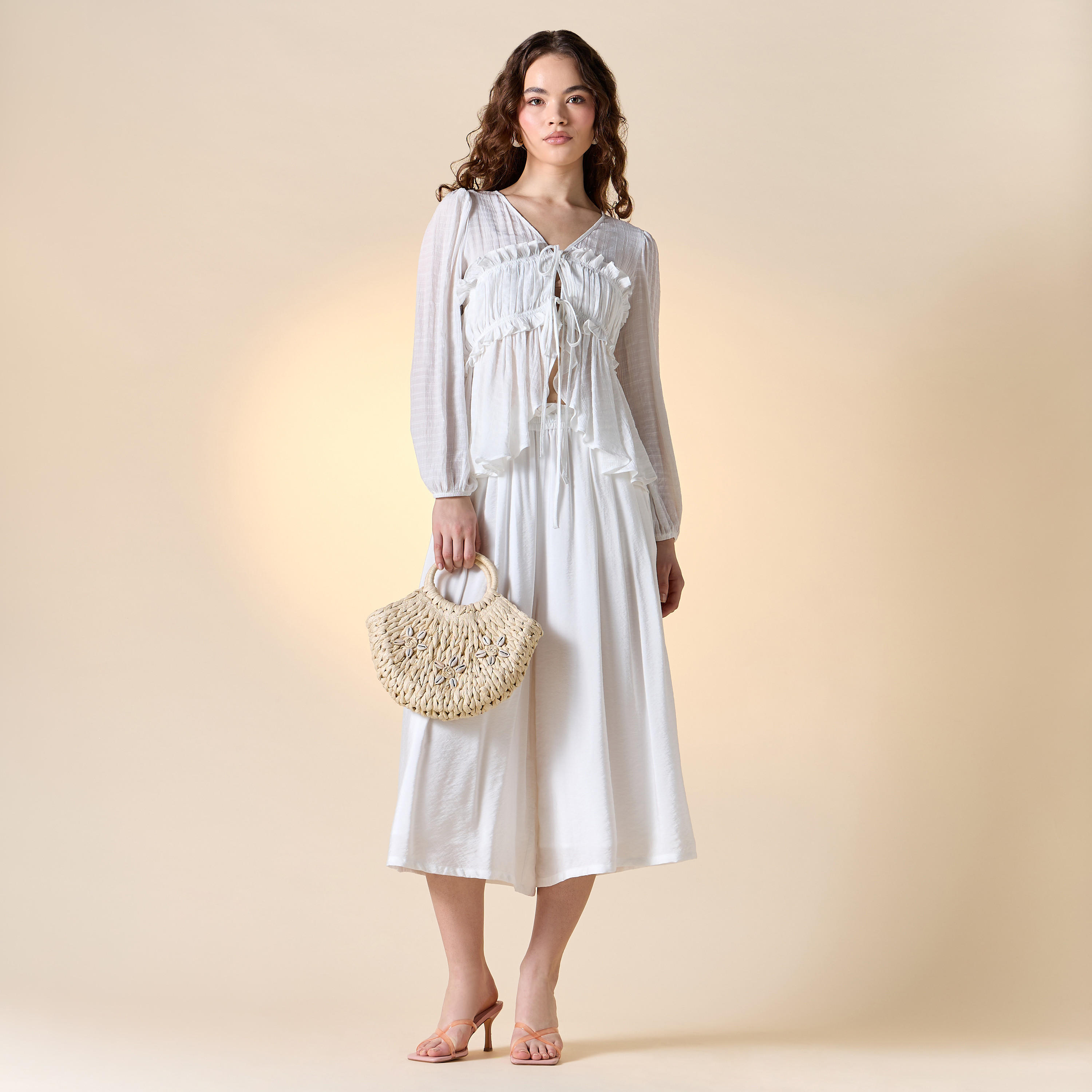 Textured V-neck Top with Ruched Detail and Tie-Up-women-clothing-shirtsandblouses-blouses-image-2