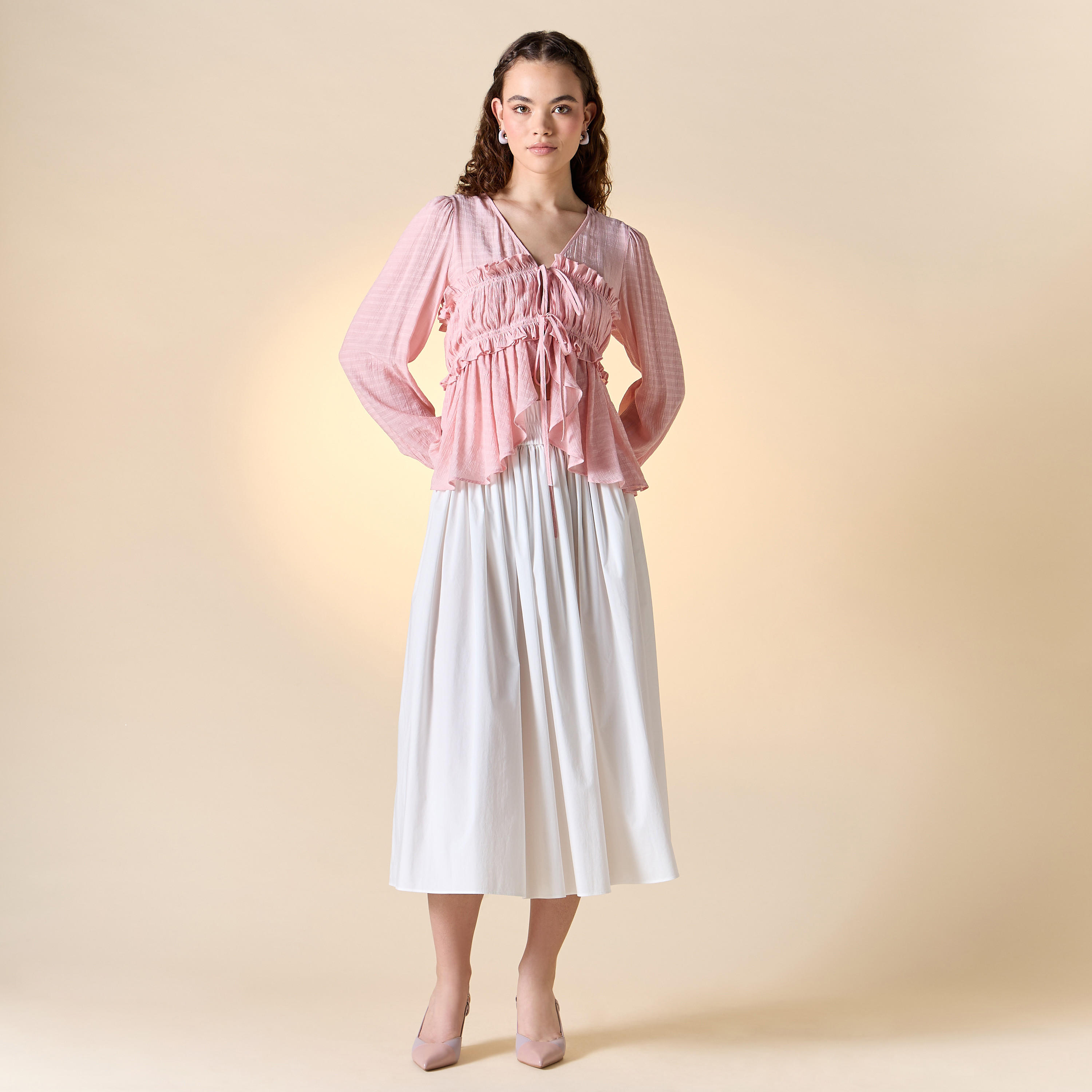 Textured V-neck Top with Ruched Detail and Tie-Up-women-clothing-shirtsandblouses-blouses-image-10