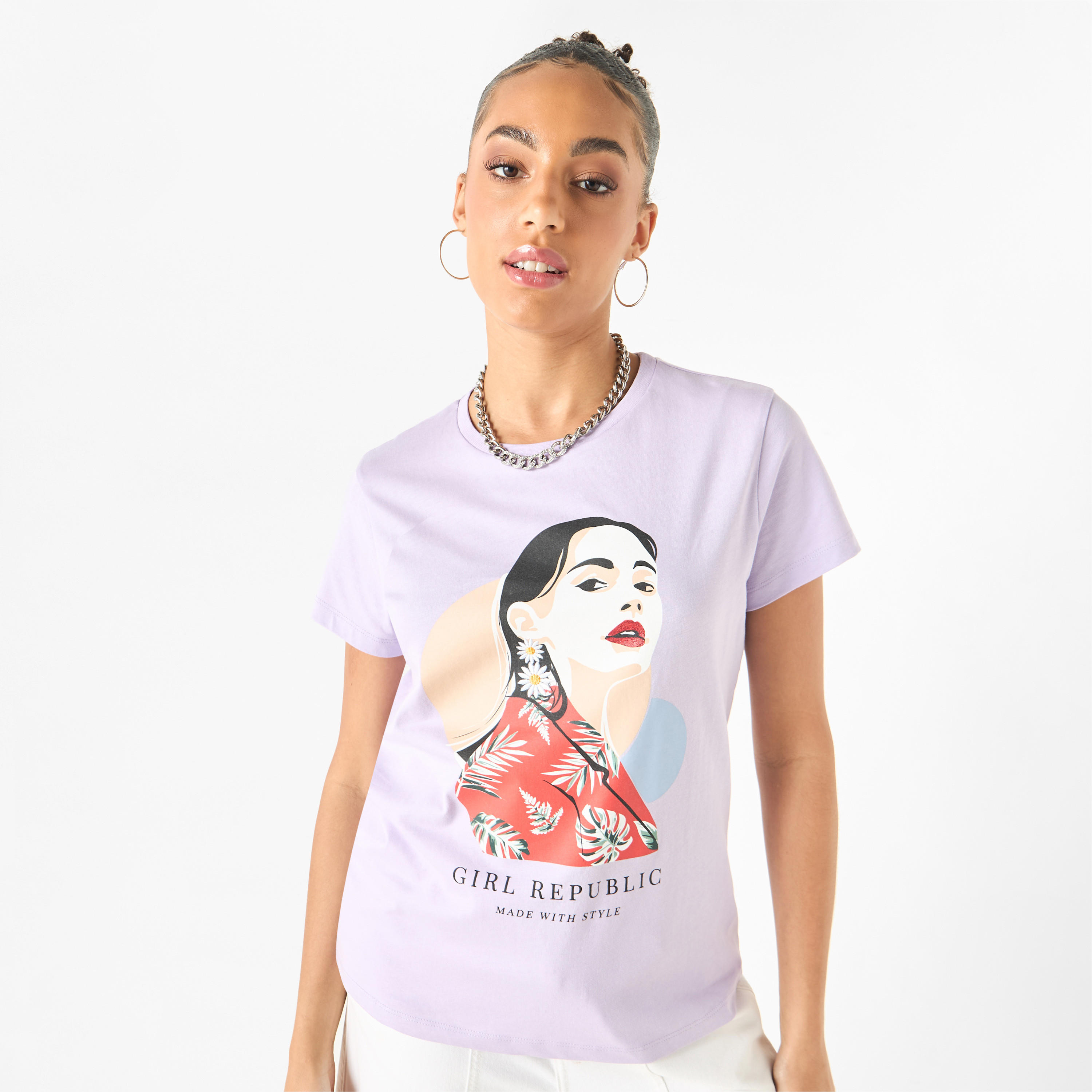 Graphic Print Crew Neck T-shirt with Short Sleeves-women-clothing-tshirts-image-5