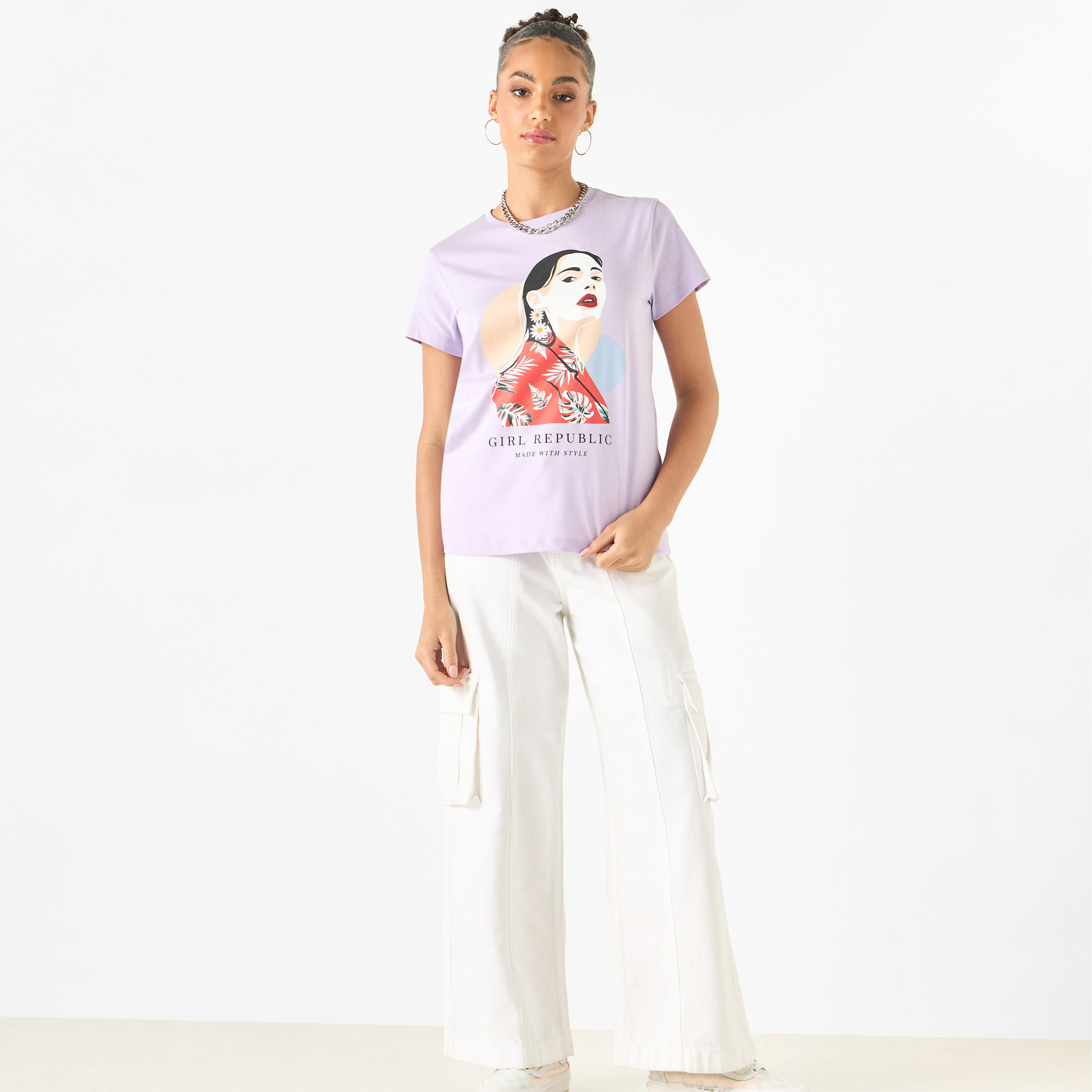 Graphic Print Crew Neck T-shirt with Short Sleeves-women-clothing-tshirts-image-6