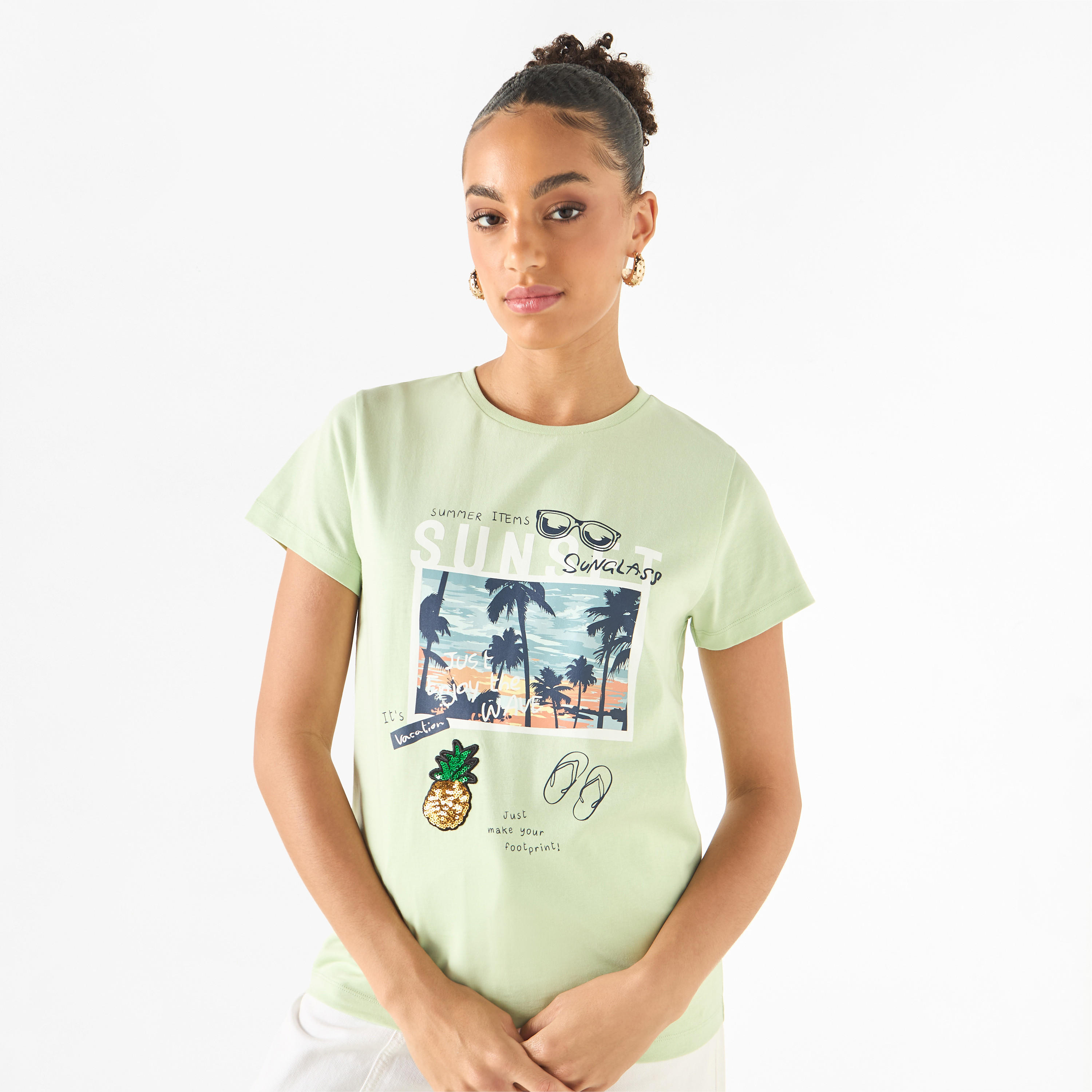 Graphic Print Crew Neck T-shirt with Short Sleeves-women-clothing-tshirts-image-1