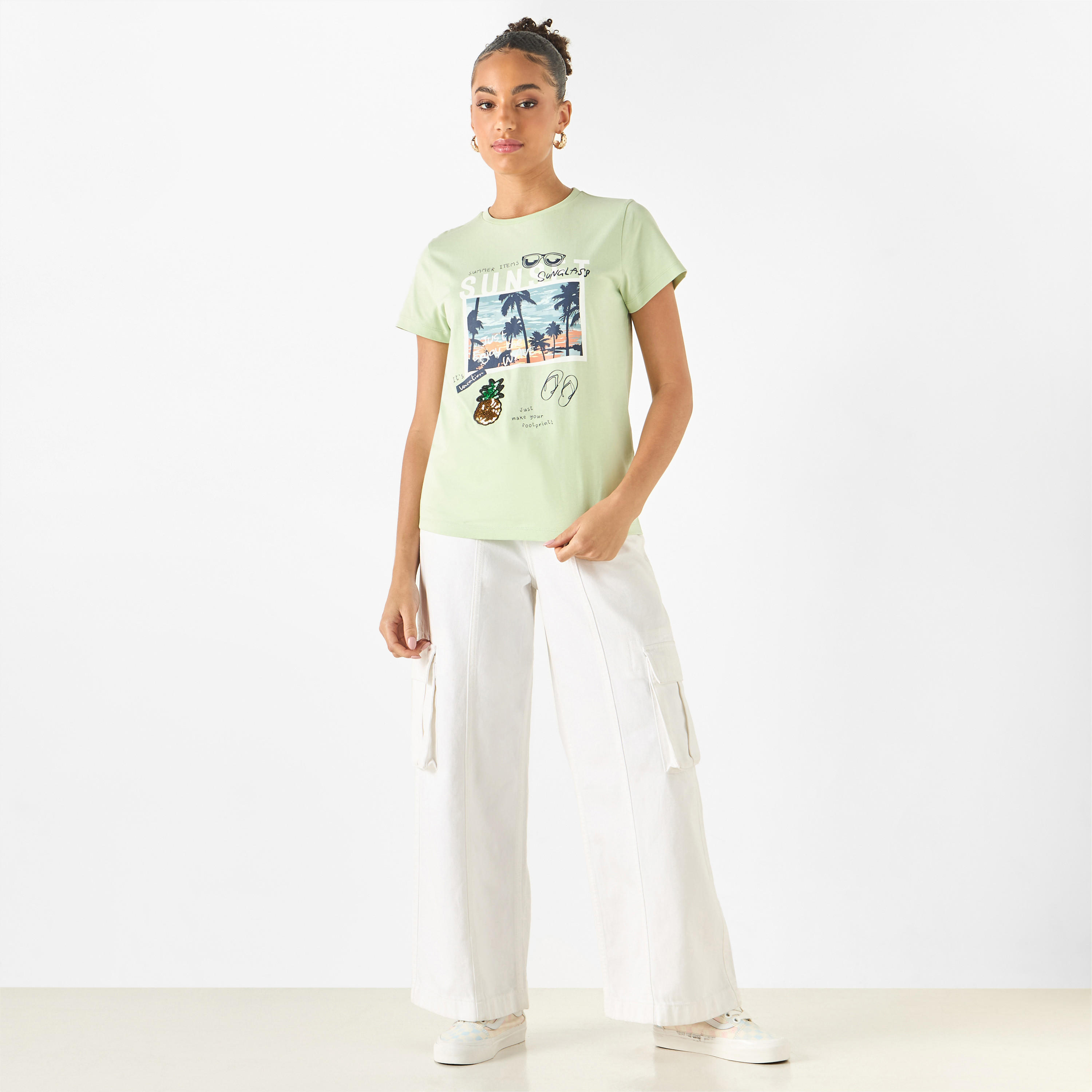 Graphic Print Crew Neck T-shirt with Short Sleeves-women-clothing-tshirts-image-2