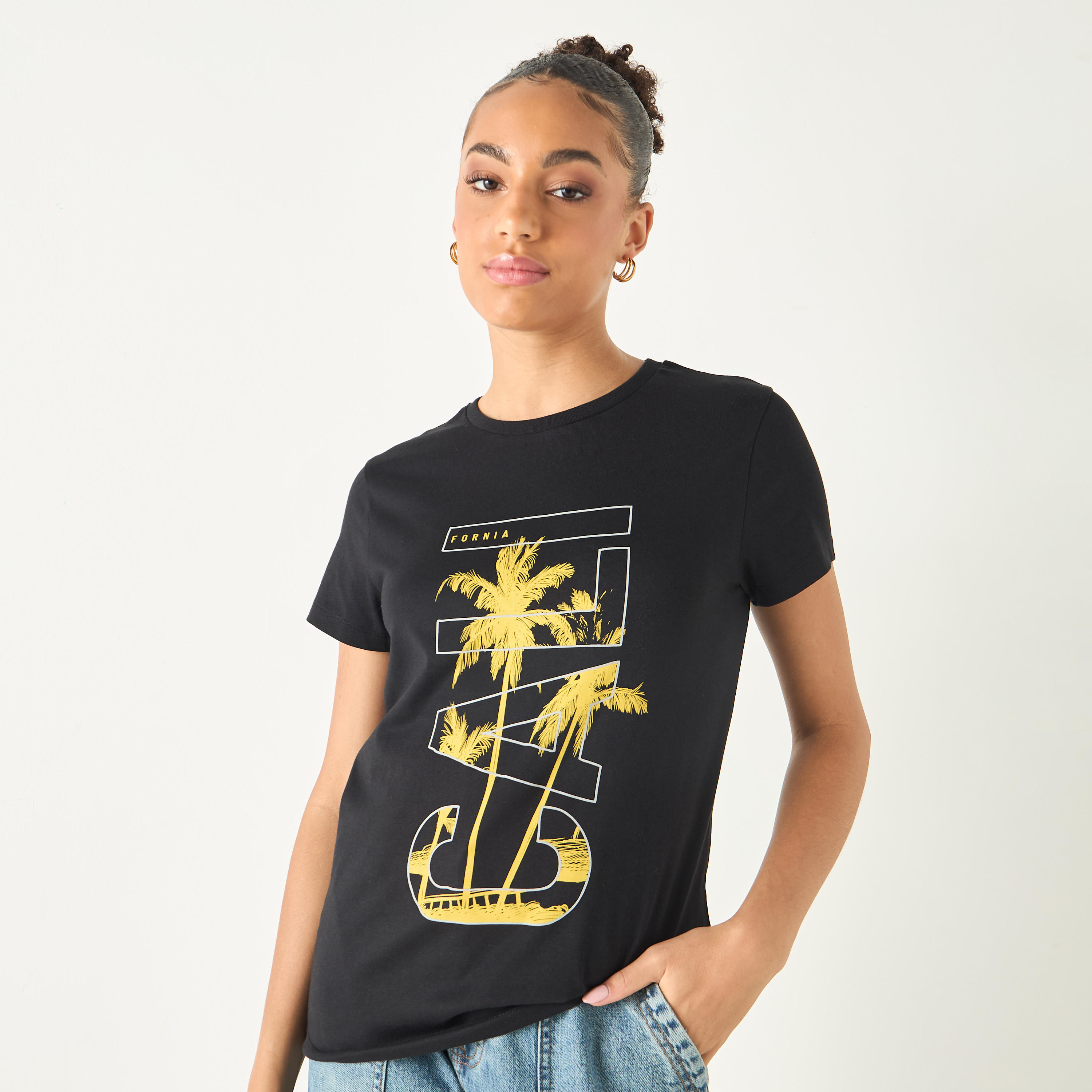 Graphic Print Crew Neck Cotton T-shirt with Short Sleeves-women-clothing-tshirts-image-1
