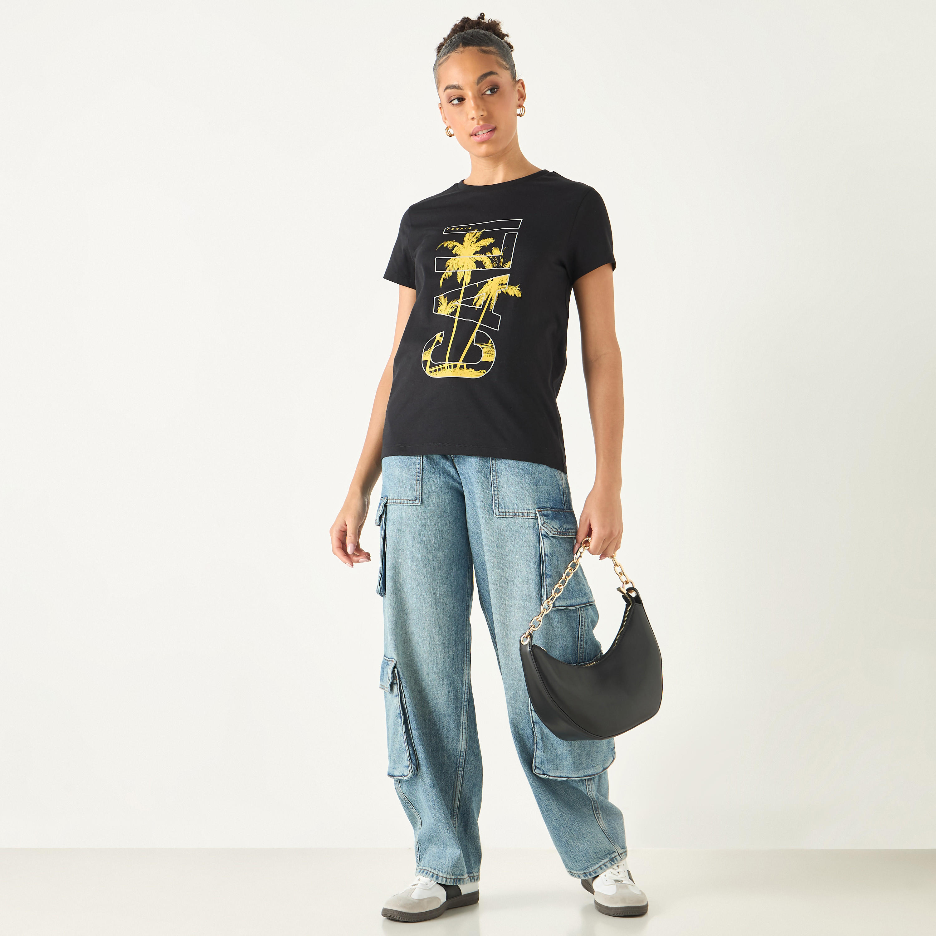 Graphic Print Crew Neck Cotton T-shirt with Short Sleeves-women-clothing-tshirts-image-2