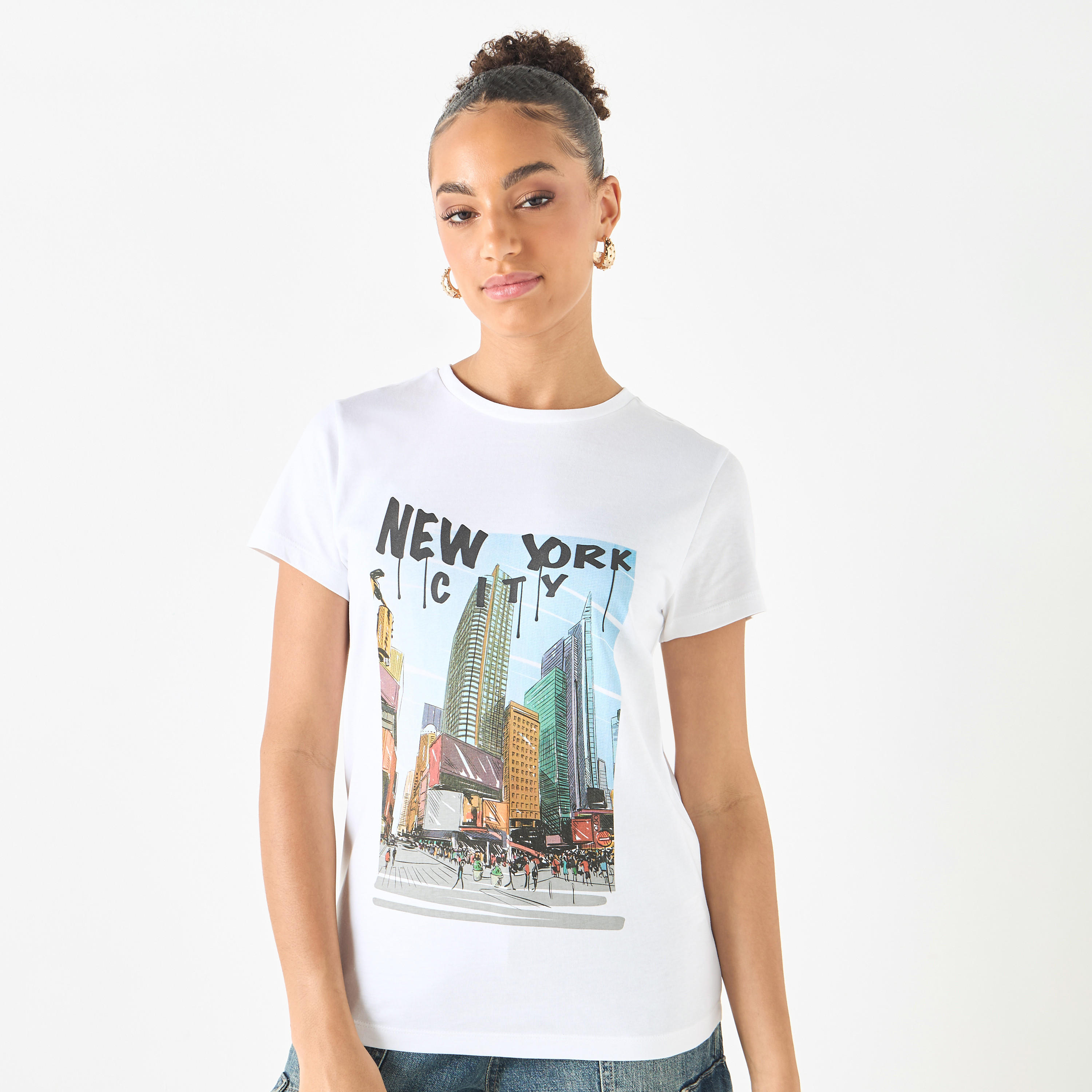 Graphic Print Crew Neck Cotton T-shirt with Short Sleeves-women-clothing-tshirts-image-5