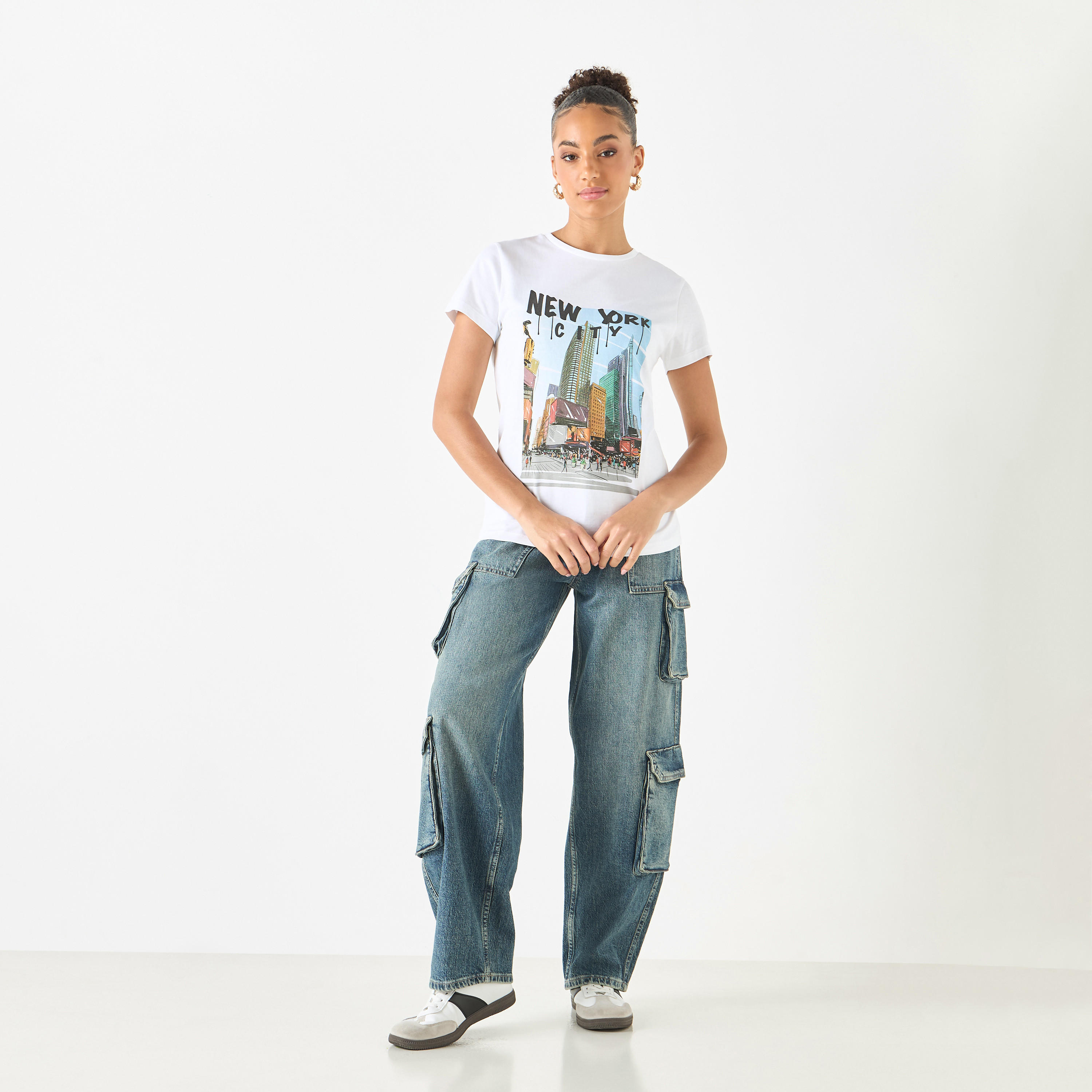 Graphic Print Crew Neck Cotton T-shirt with Short Sleeves-women-clothing-tshirts-image-6