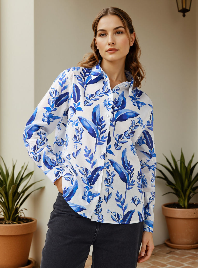 قميص قطن بياقة عادية وطبعات أزهار-women-clothing-shirtsandblouses-shirts-image-1