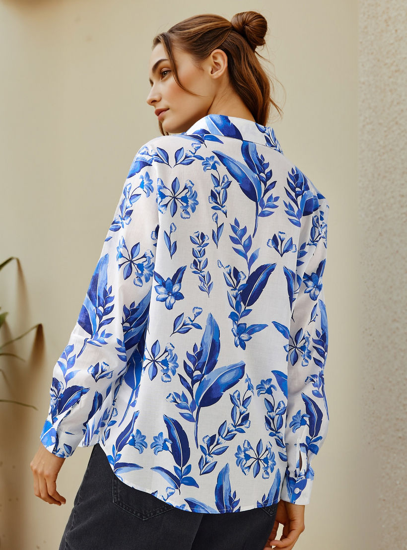 قميص قطن بياقة عادية وطبعات أزهار-women-clothing-shirtsandblouses-shirts-image-3