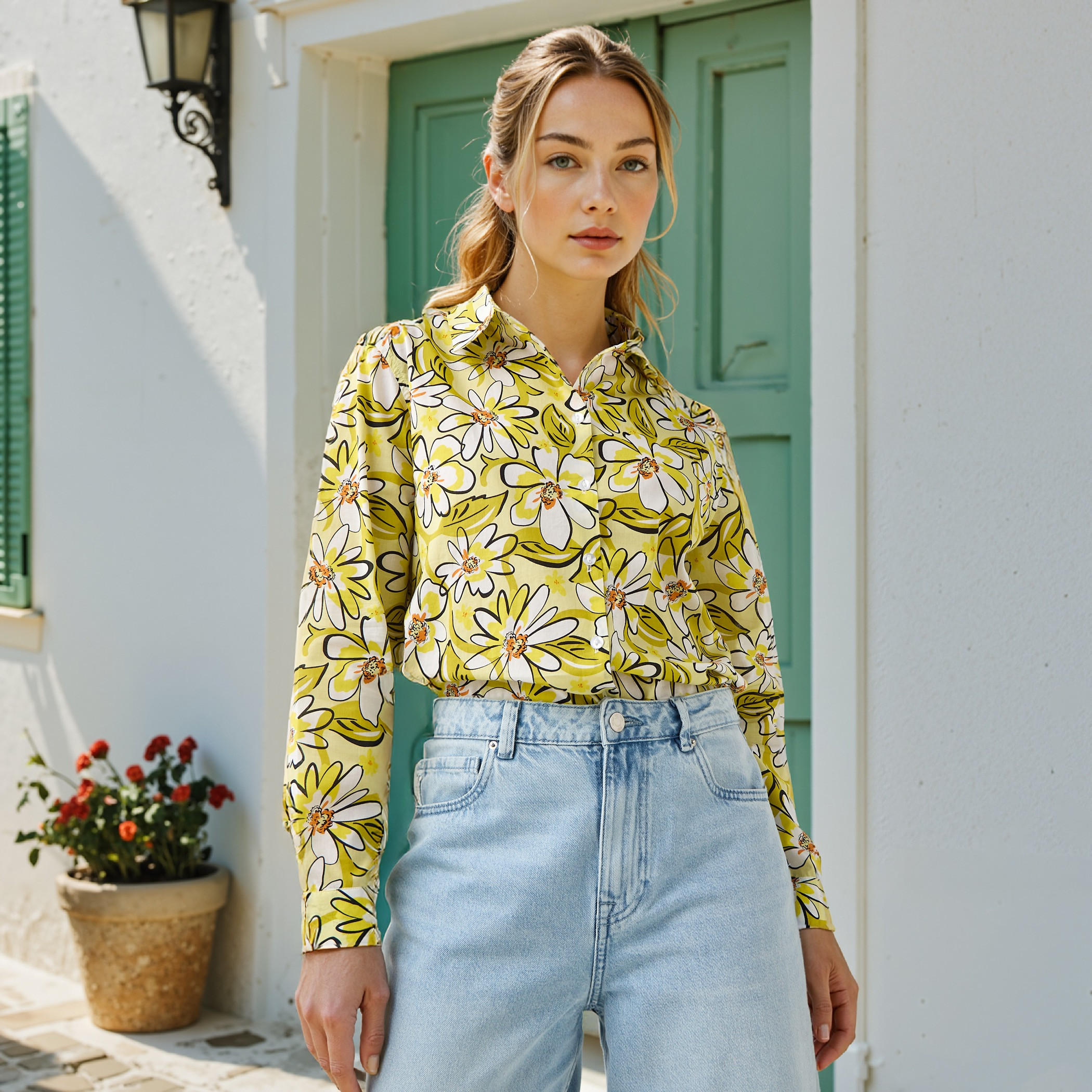 Floral Print Collared Cotton Shirt-women-clothing-shirtsandblouses-shirts-image-1
