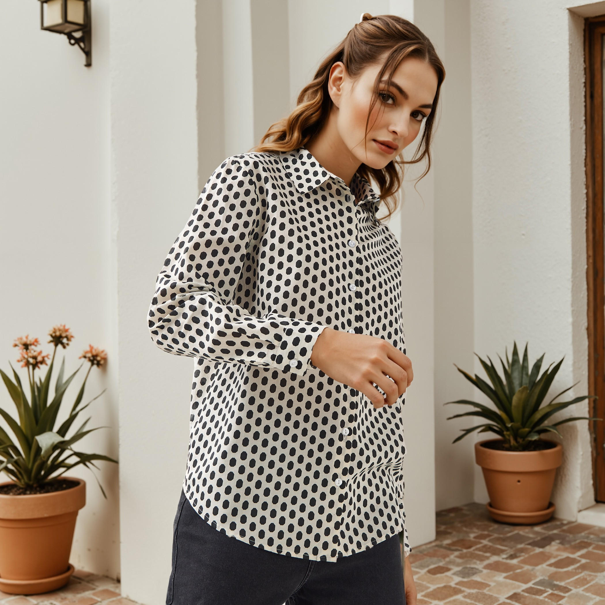 Polka Print Collared Cotton Shirt-women-clothing-shirtsandblouses-shirts-image-1