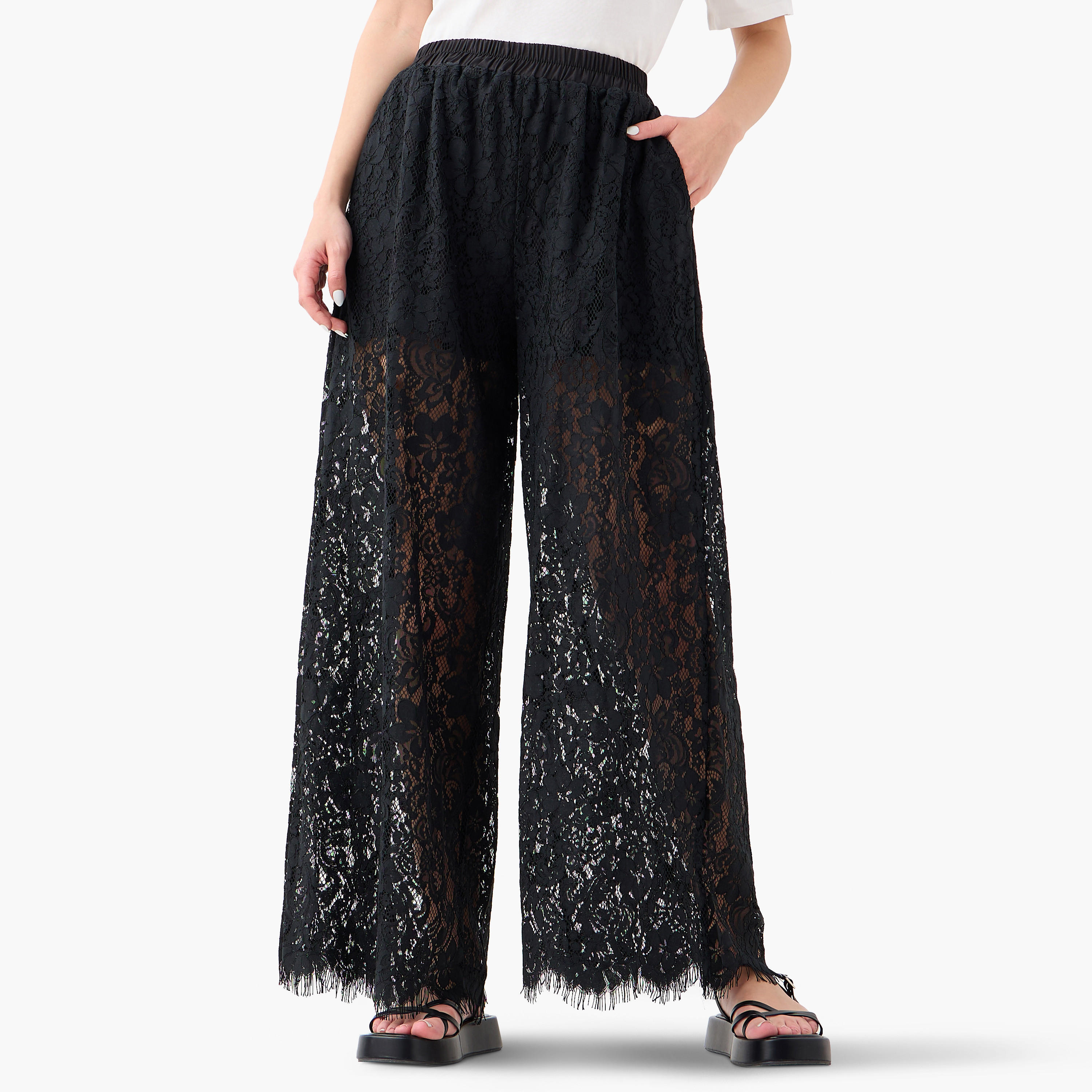 بنطلون بخصر مطاطي وتفاصيل دانتيل-women-clothing-bottoms-trousers-image-1