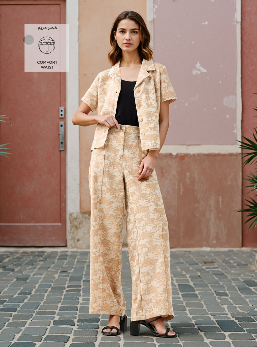 بنطلون جاكار بارز الملمس بساق واسعة وطبعات-women-clothing-coordsets-image-2