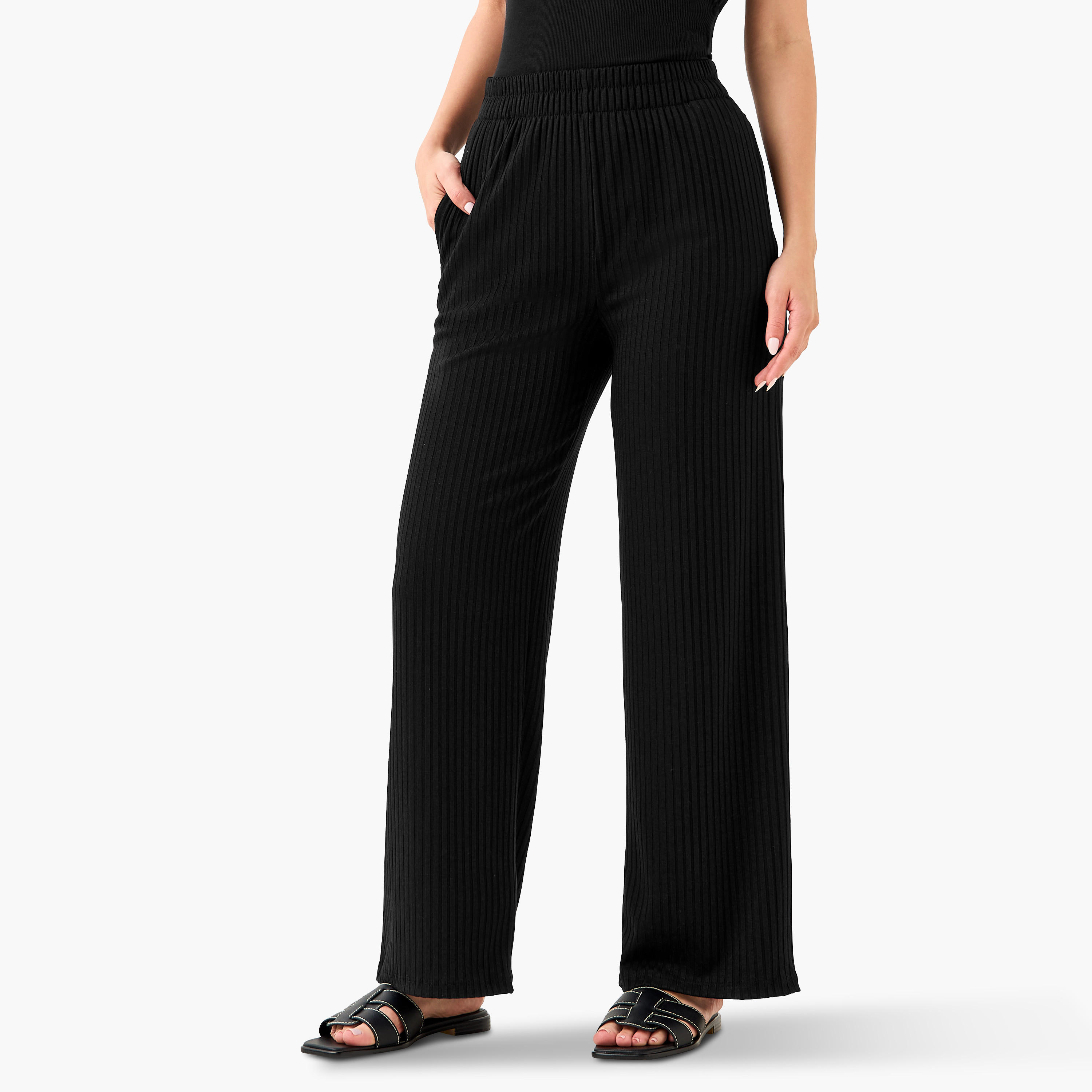 Ribbed Flexi Waist Trousers with Pockets-women-clothing-bottoms-trousers-image-1