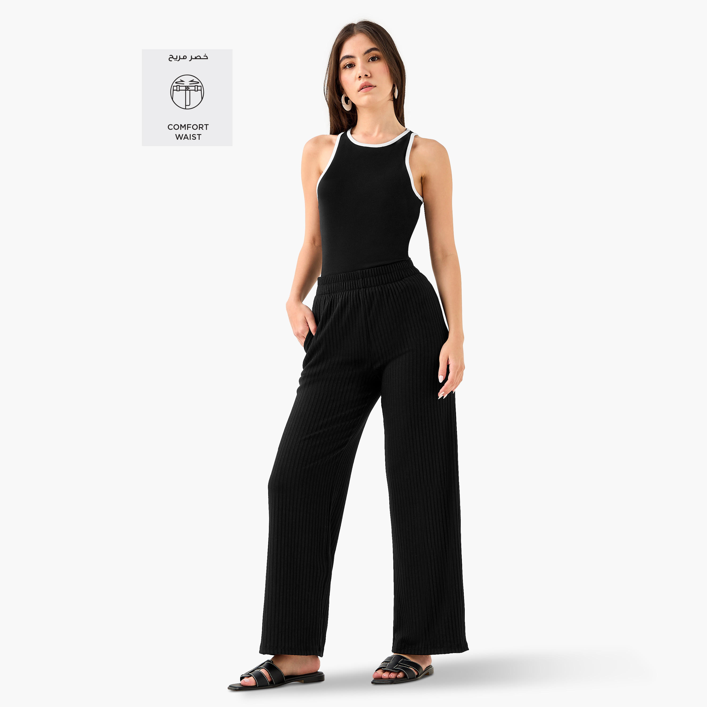 Ribbed Flexi Waist Trousers with Pockets-women-clothing-bottoms-trousers-image-2