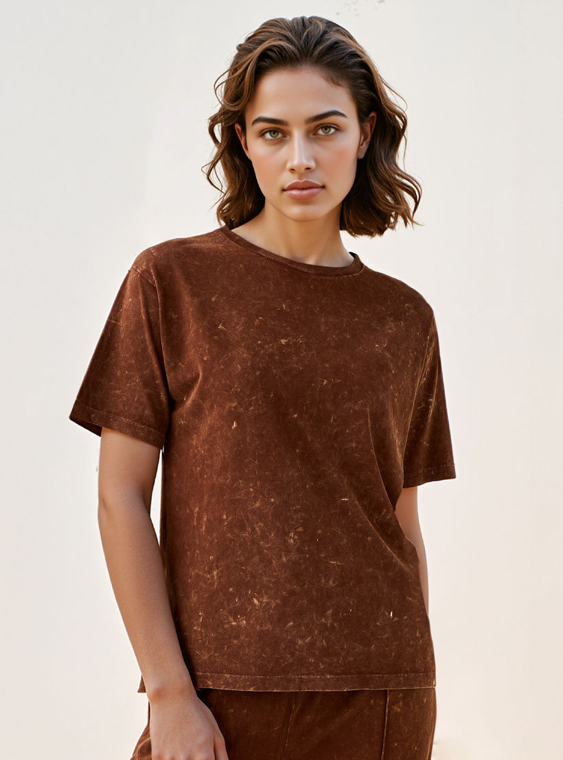Acid Wash Cotton T-shirt with Crew Neck and Short Sleeves-women-clothing-tshirts-image-1