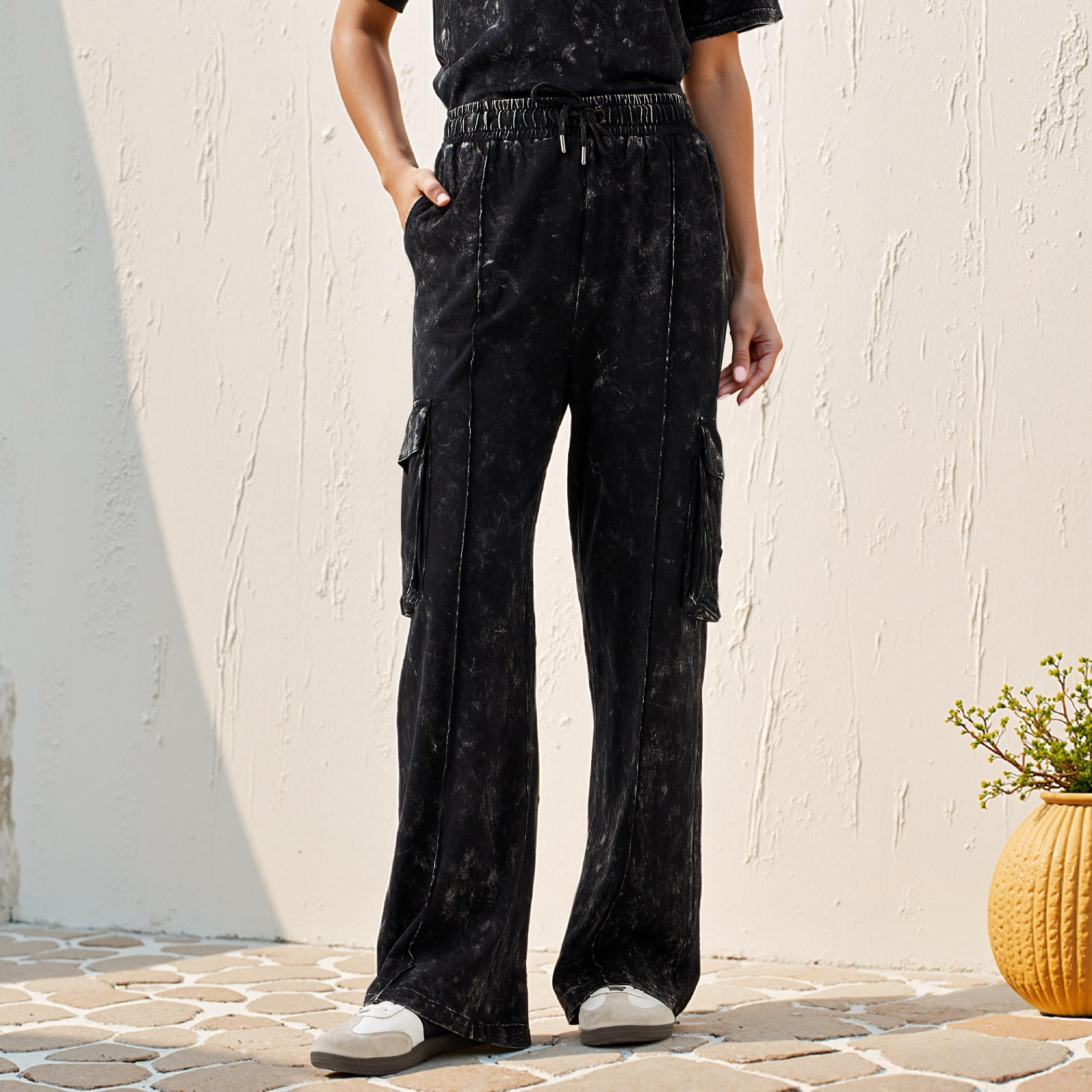 Acid Wash Cargo Joggers with Pockets-women-clothing-bottoms-joggers-image-1
