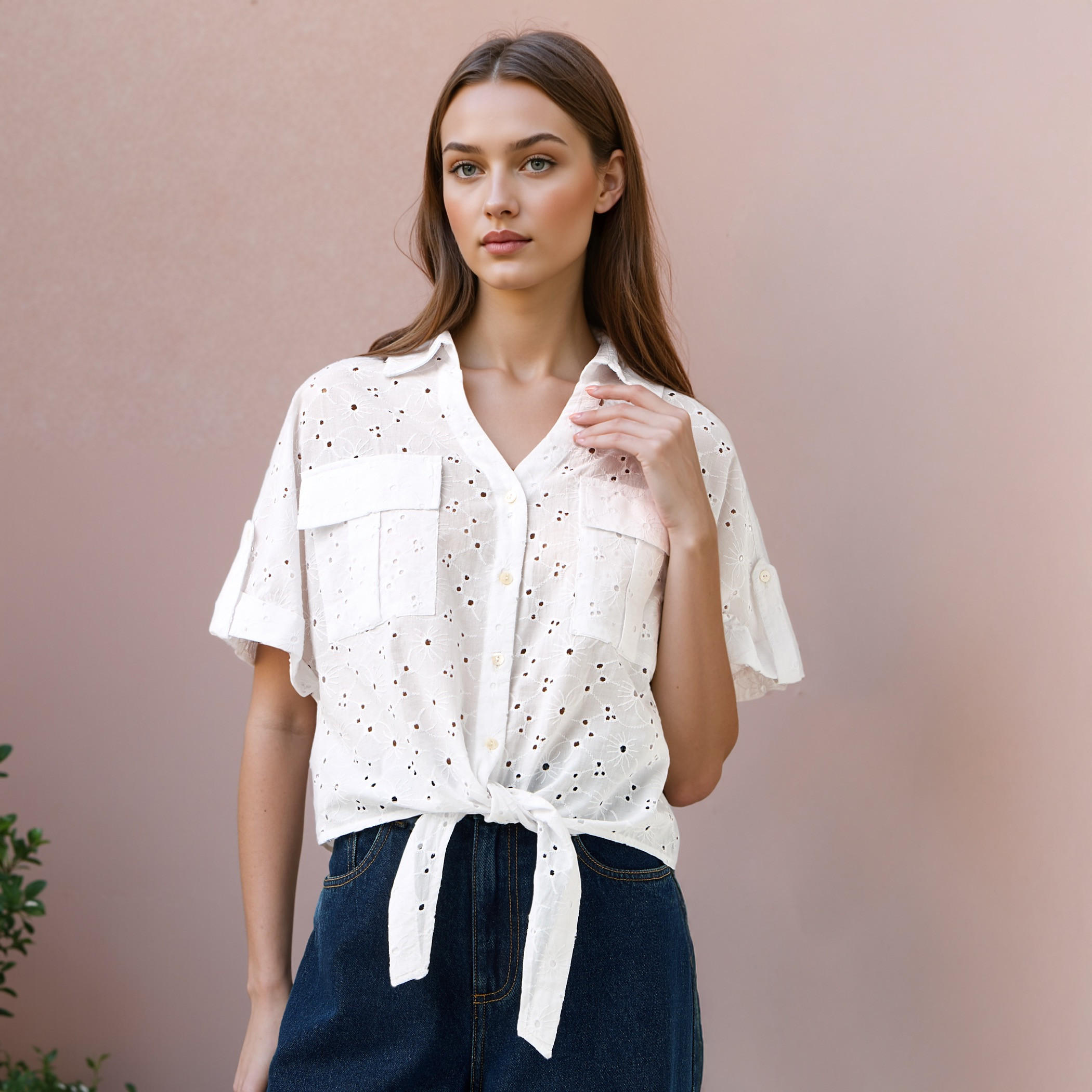 قميص شيفلي بارز الملمس بياقة وعقدة-women-clothing-shirtsandblouses-shirts-image-1