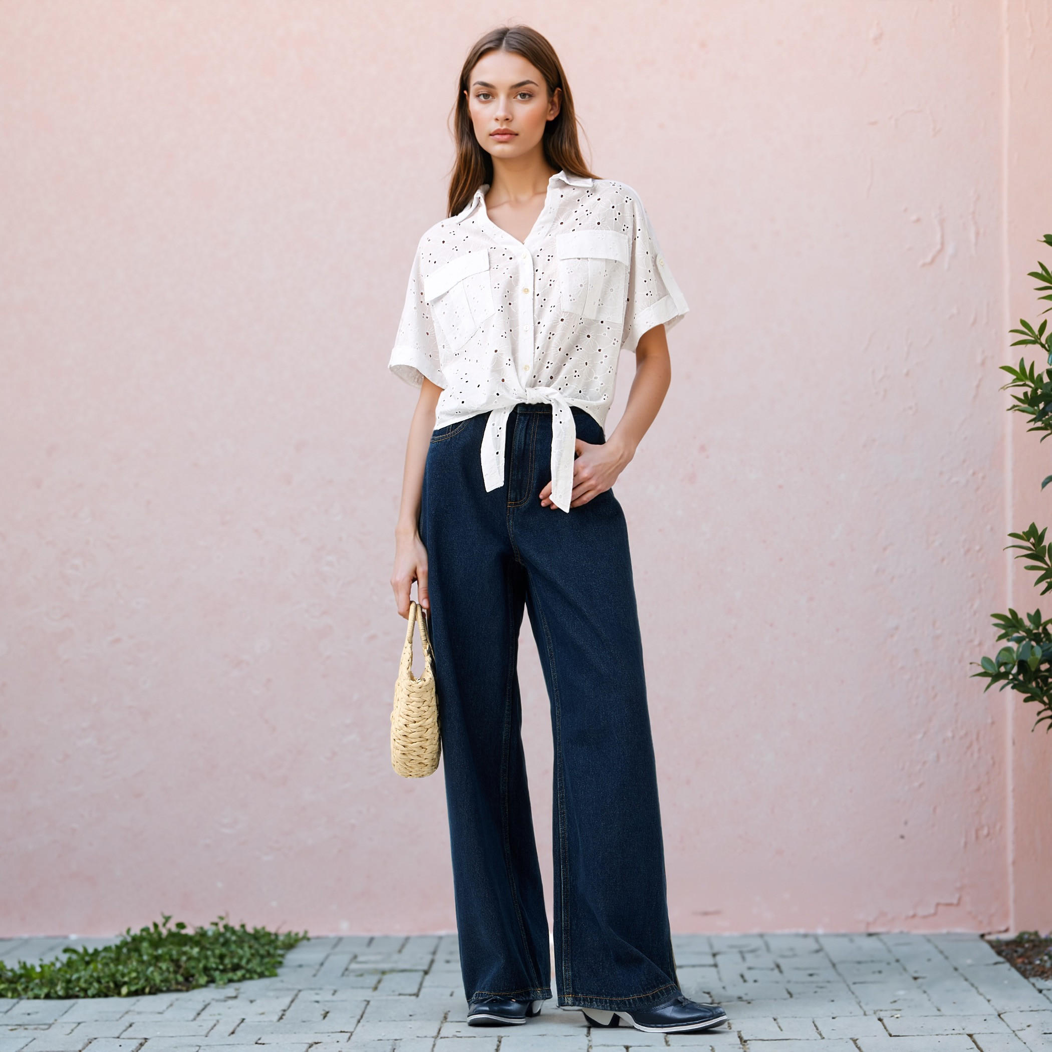 قميص شيفلي بارز الملمس بياقة وعقدة-women-clothing-shirtsandblouses-shirts-image-2
