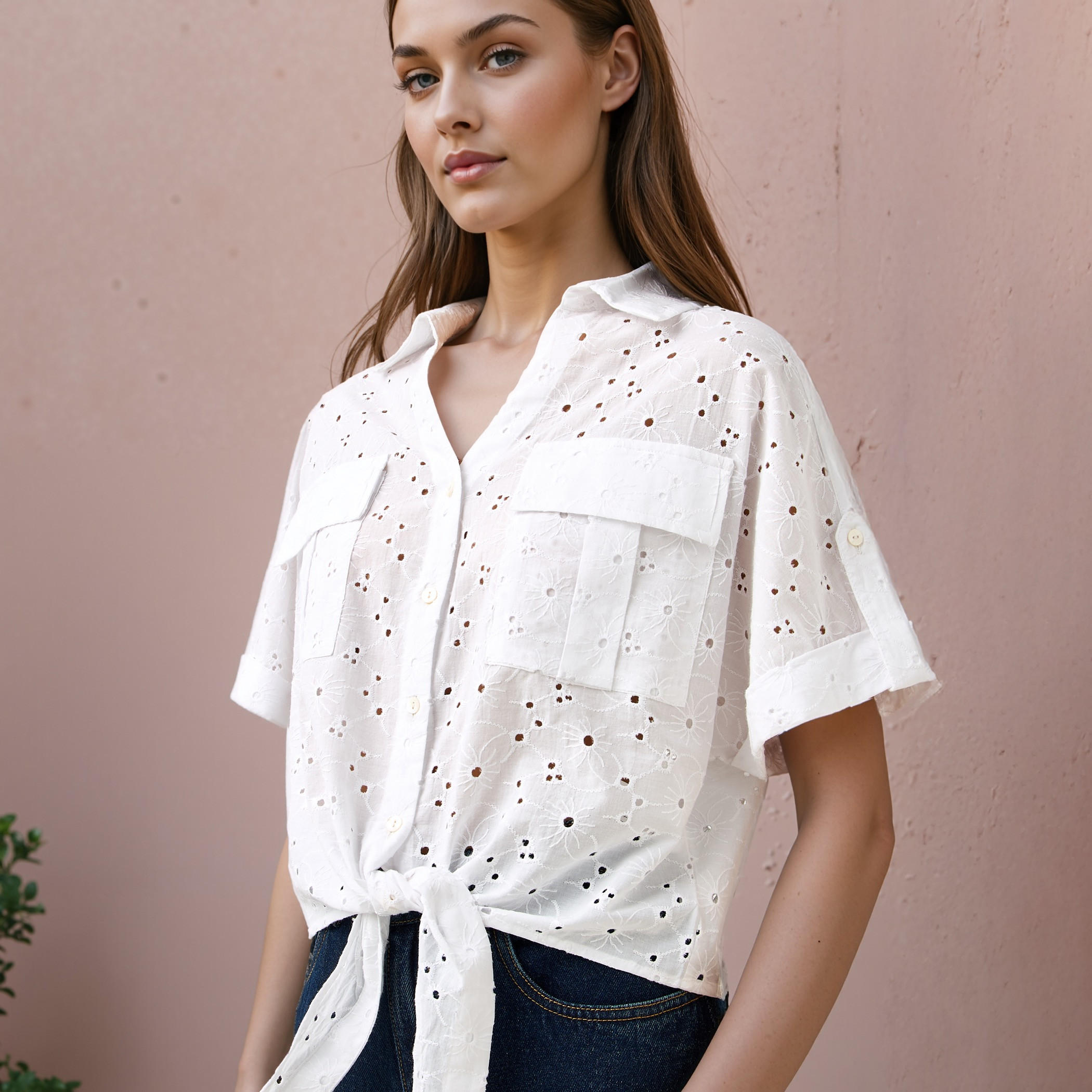 قميص شيفلي بارز الملمس بياقة وعقدة-women-clothing-shirtsandblouses-shirts-image-4