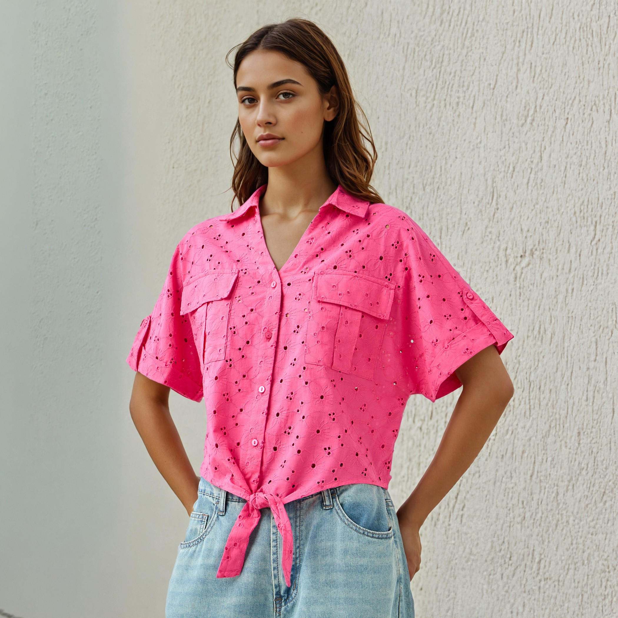 Schiffli Textured Shirt with Collar and Knot Detail-women-clothing-shirtsandblouses-shirts-image-1