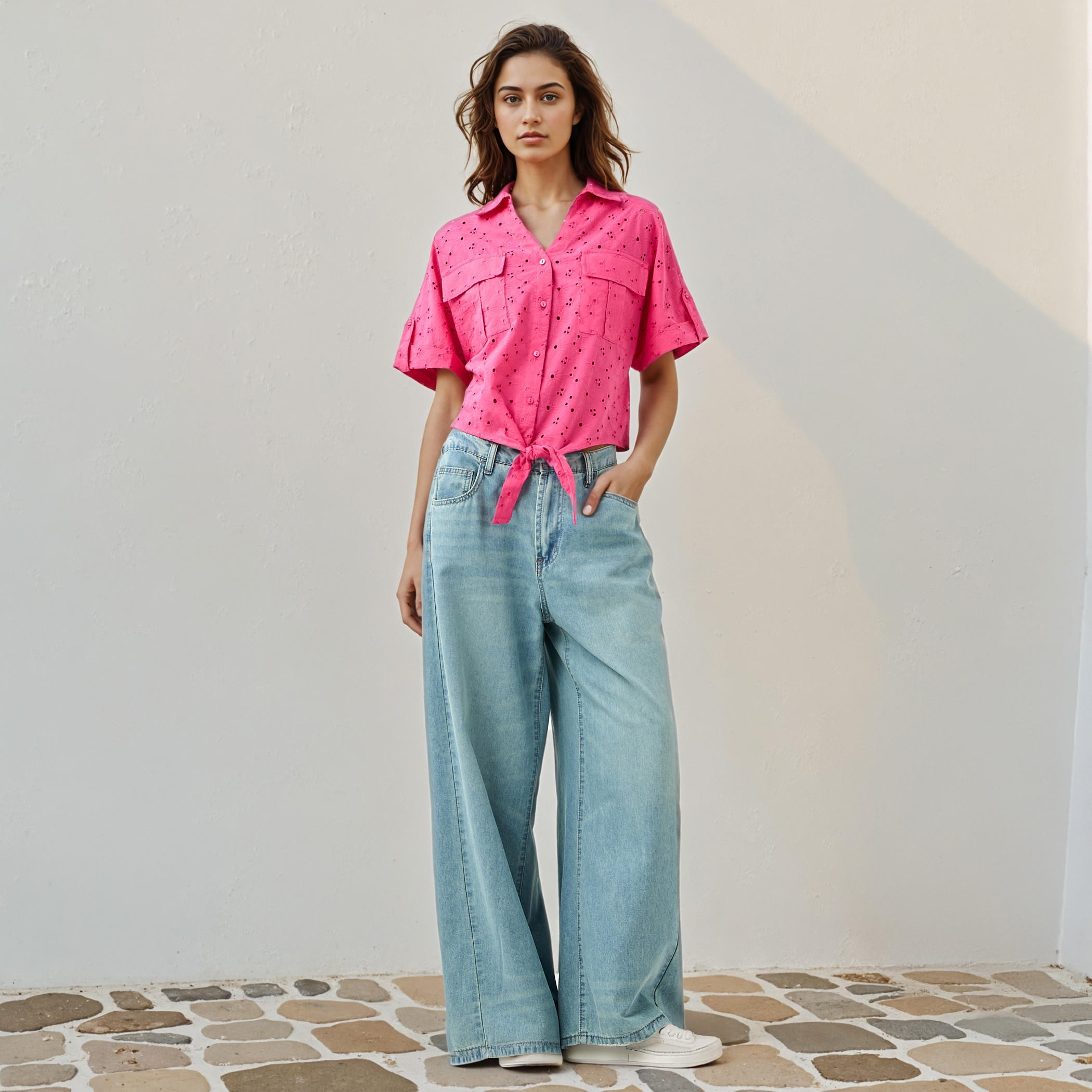 قميص شيفلي بارز الملمس بياقة وعقدة-women-clothing-shirtsandblouses-shirts-image-2