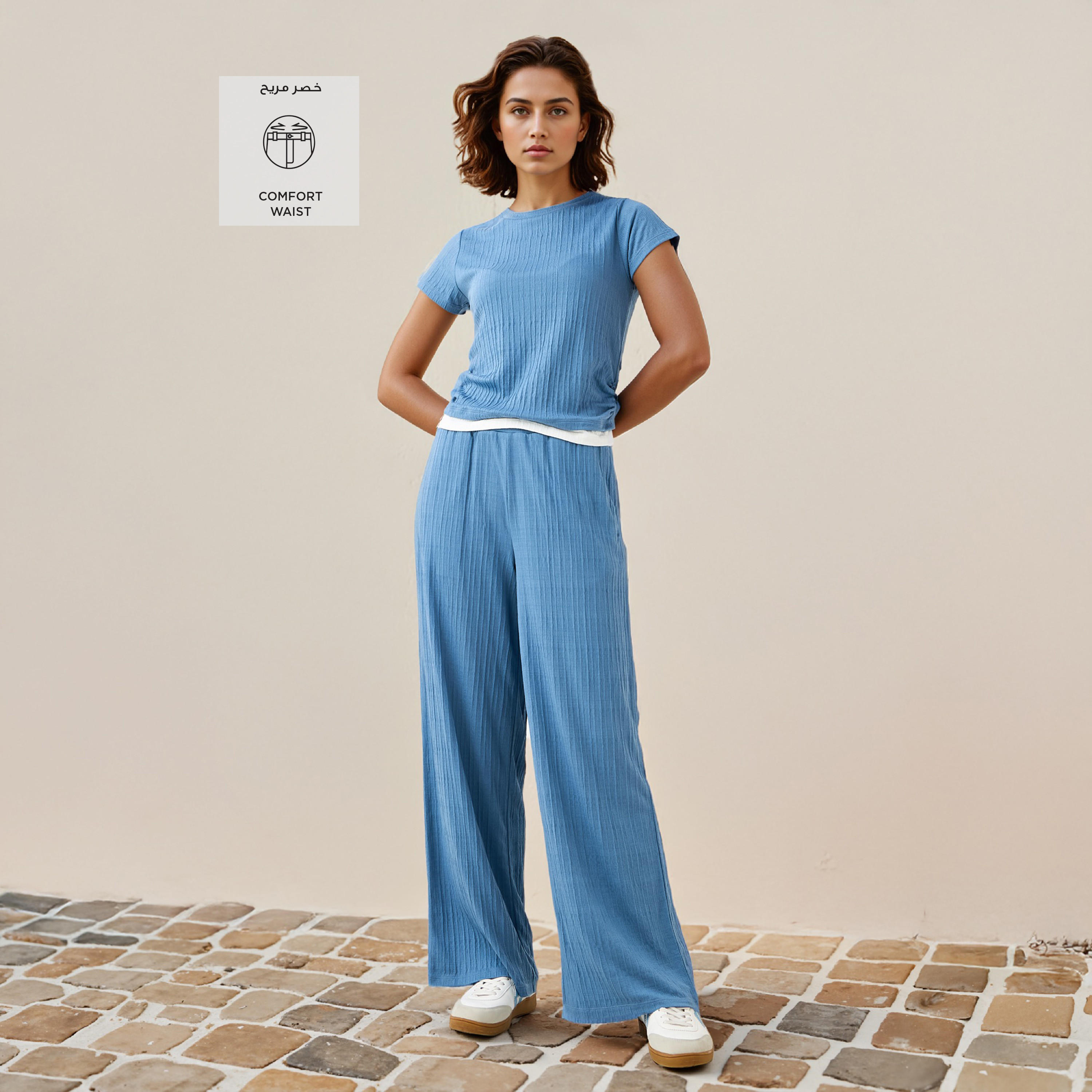 بنطلون رياضي واسع بارز الملمس بخصر متباين-women-clothing-bottoms-joggers-image-2