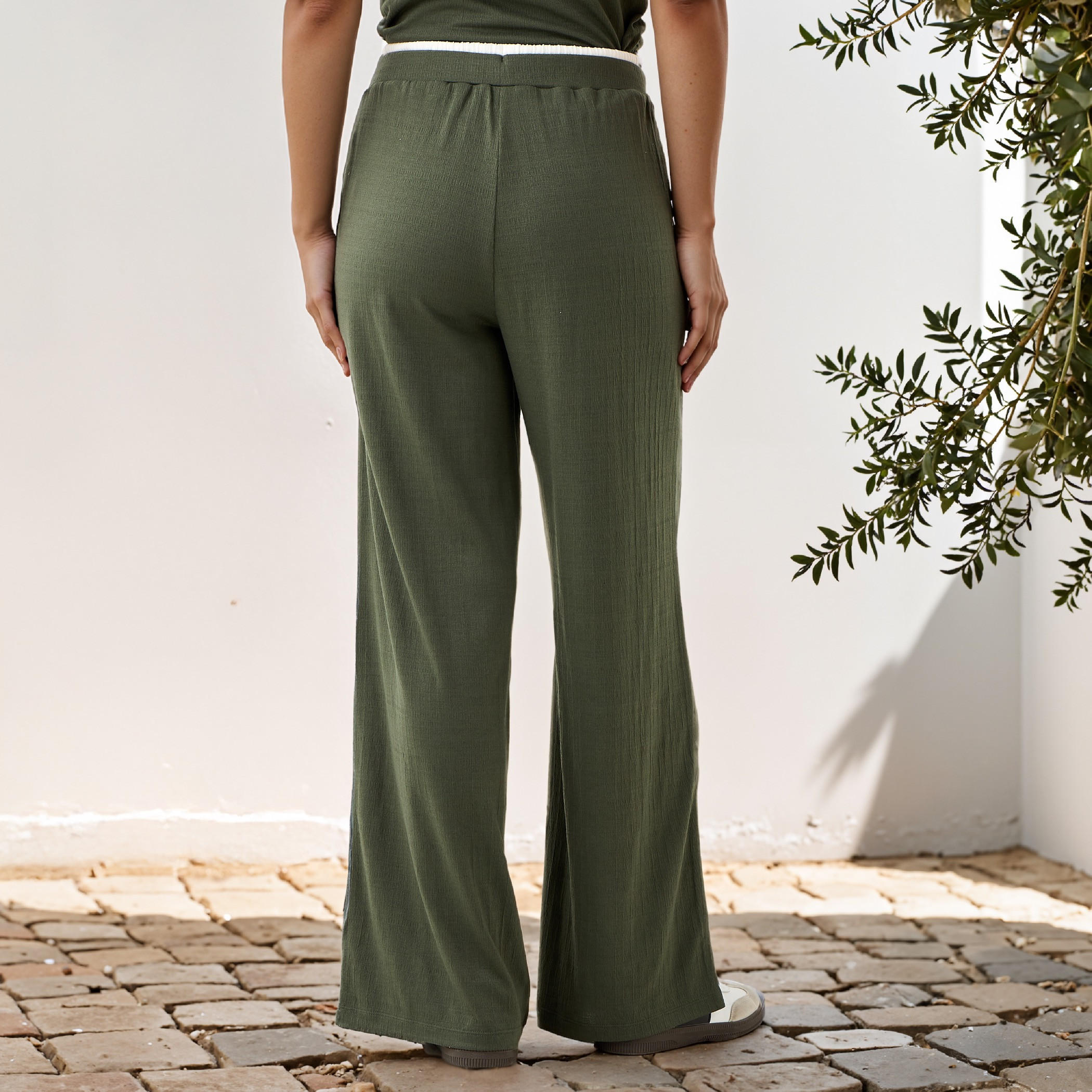 Textured Wide Leg Joggers with Contrast Waist-women-clothing-bottoms-joggers-image-3