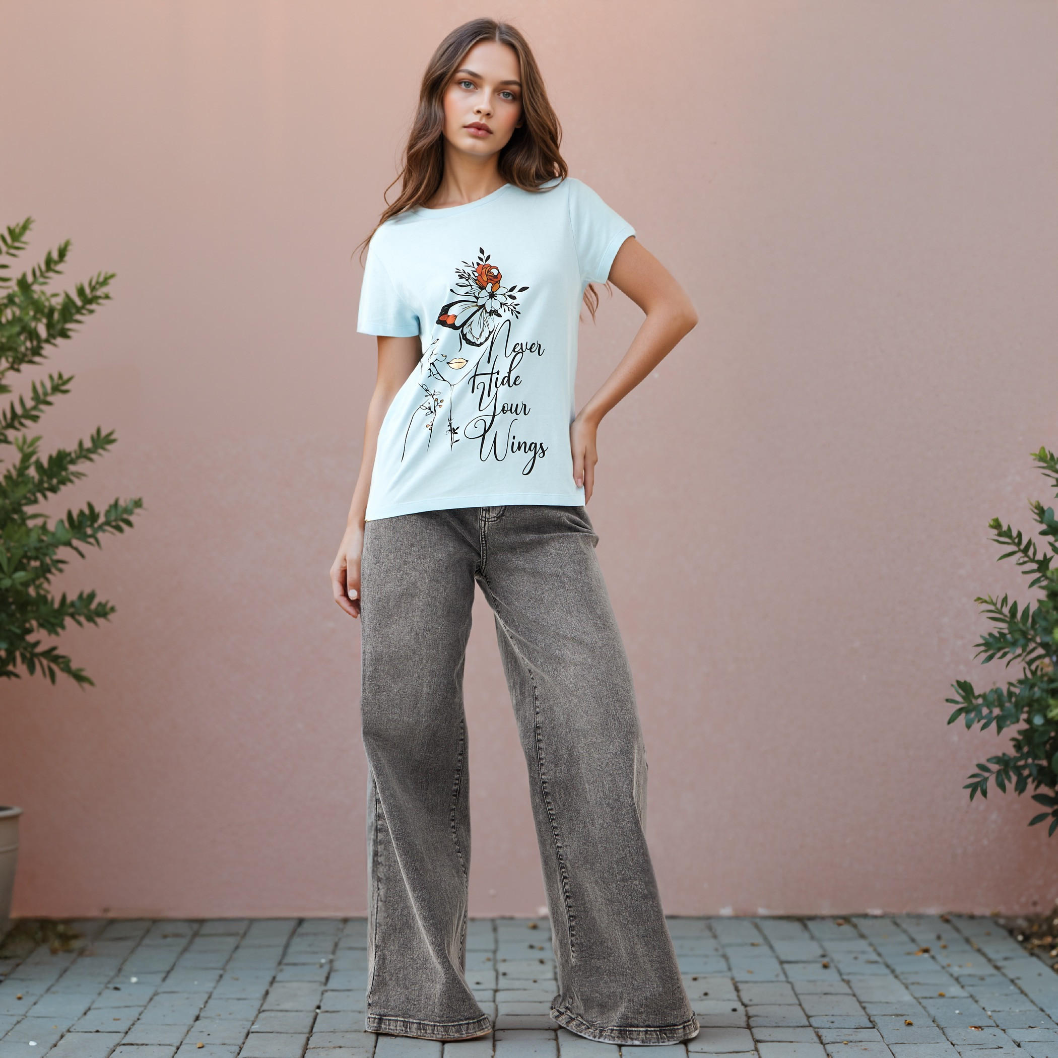 Graphic Print T-shirt with Crew Neck-women-clothing-tshirts-image-2