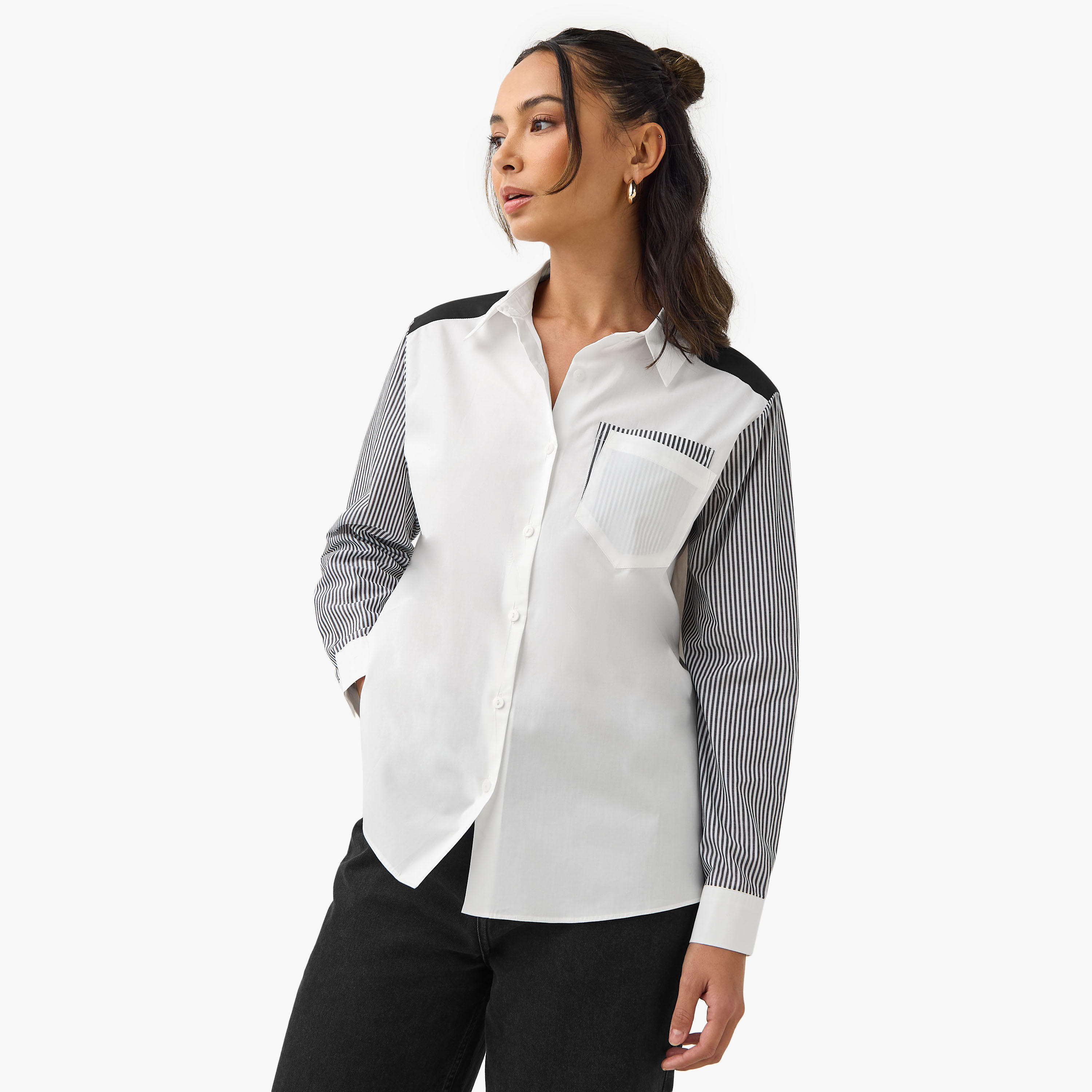 Regular Fit Striped Collared Cotton Shirt with Chest Pocket-women-clothing-shirtsandblouses-shirts-image-1