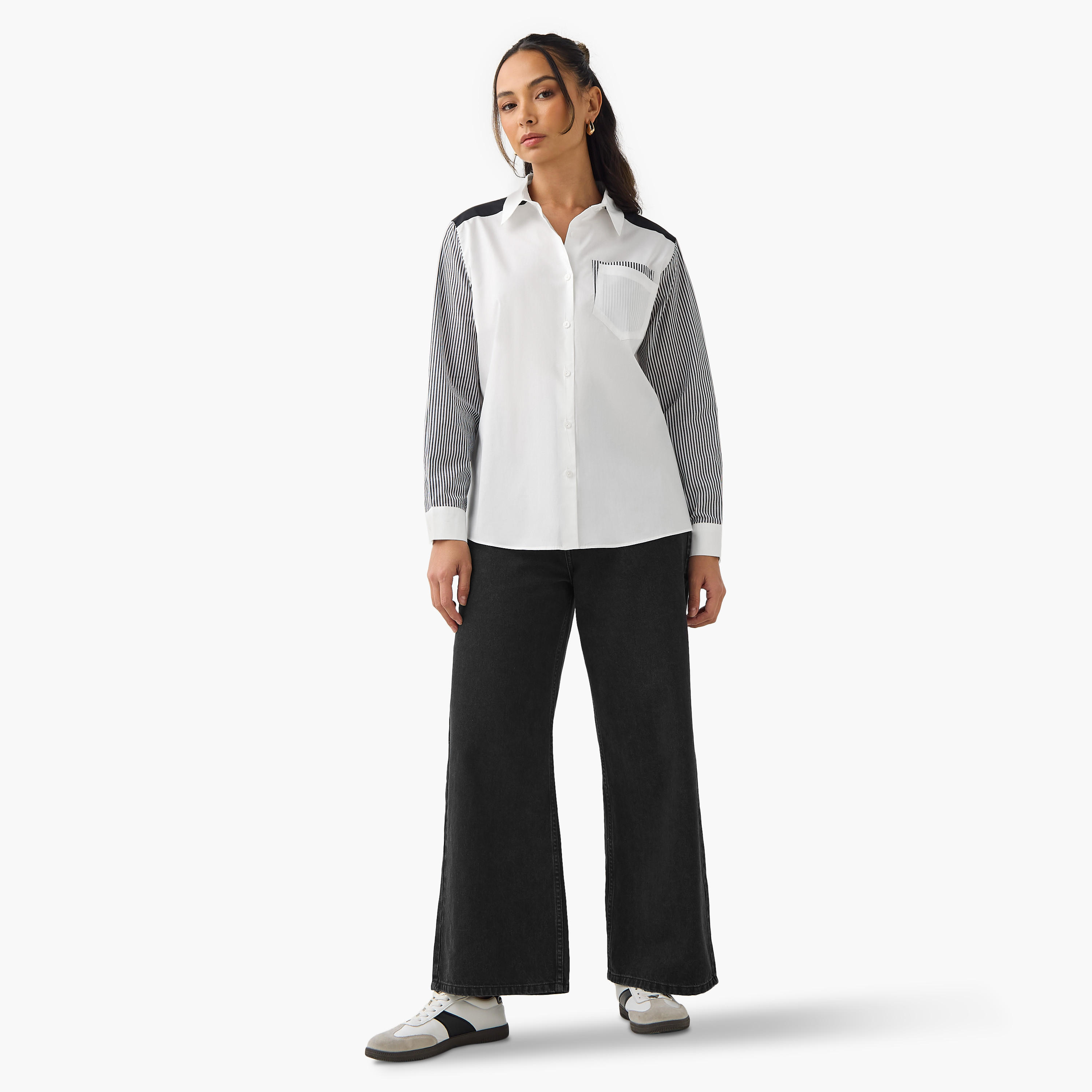 Regular Fit Striped Collared Cotton Shirt with Chest Pocket-women-clothing-shirtsandblouses-shirts-image-2