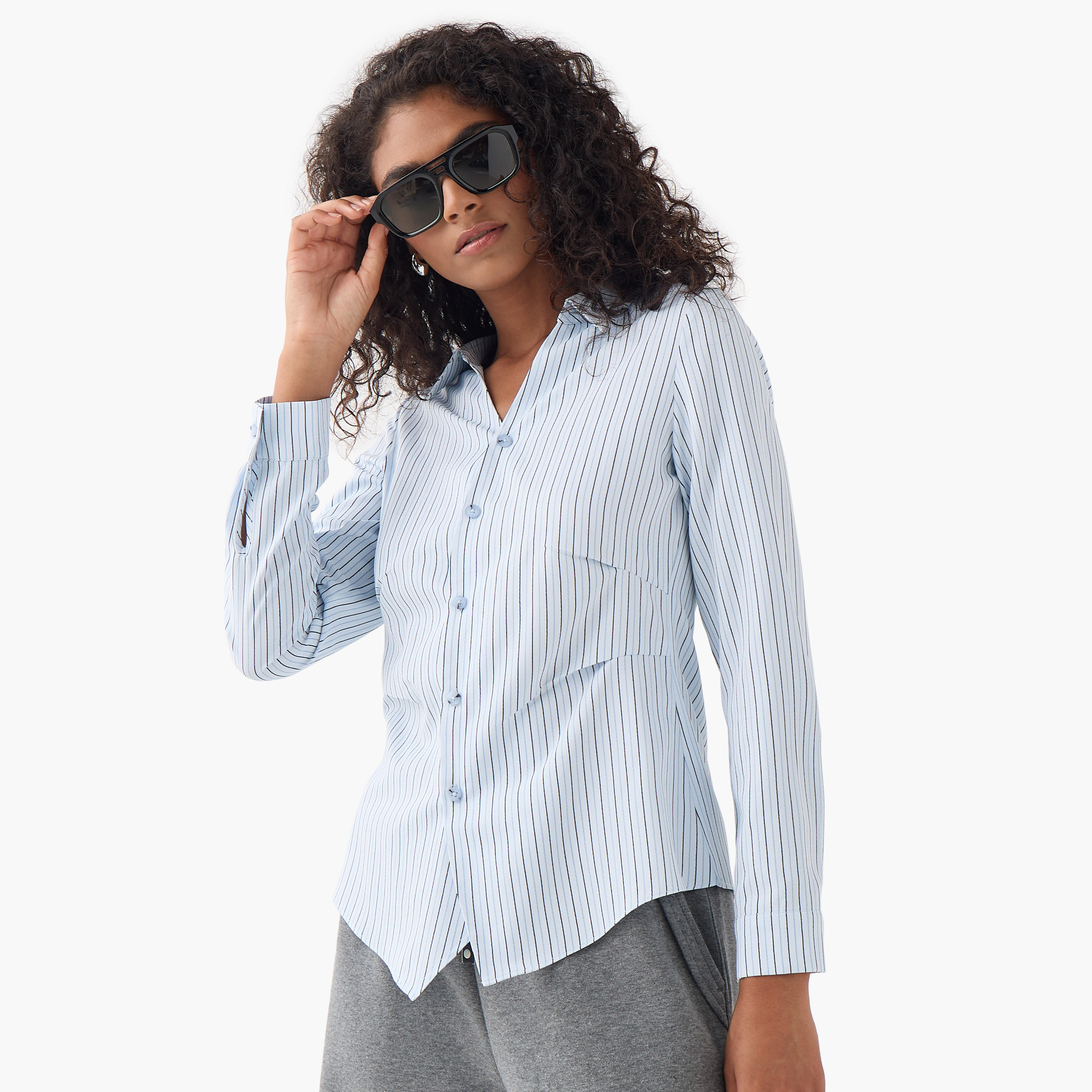 Slim Fit Striped Collared Shirt-women-clothing-shirtsandblouses-shirts-image-1