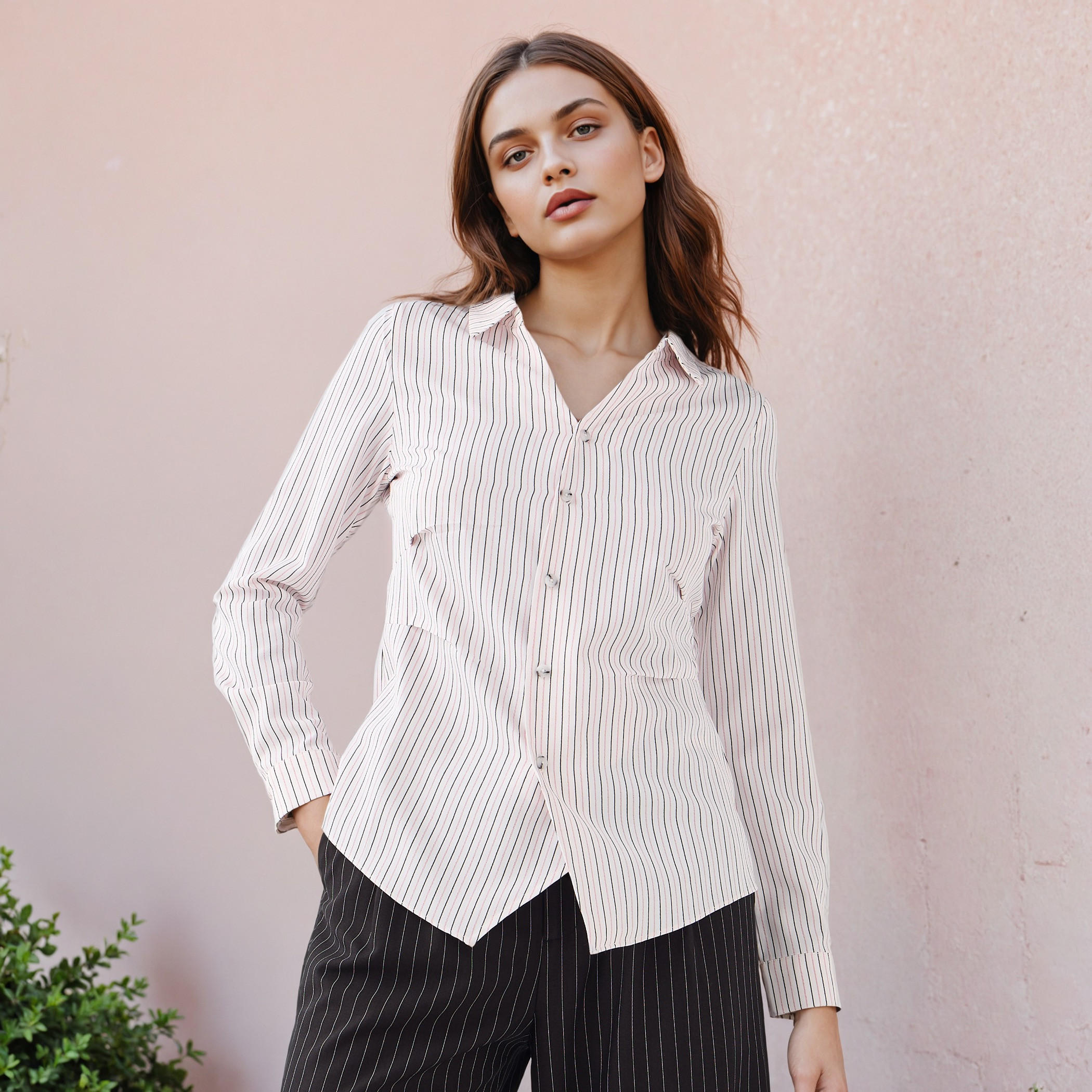 Slim Fit Striped Collared Shirt-women-clothing-shirtsandblouses-shirts-image-1