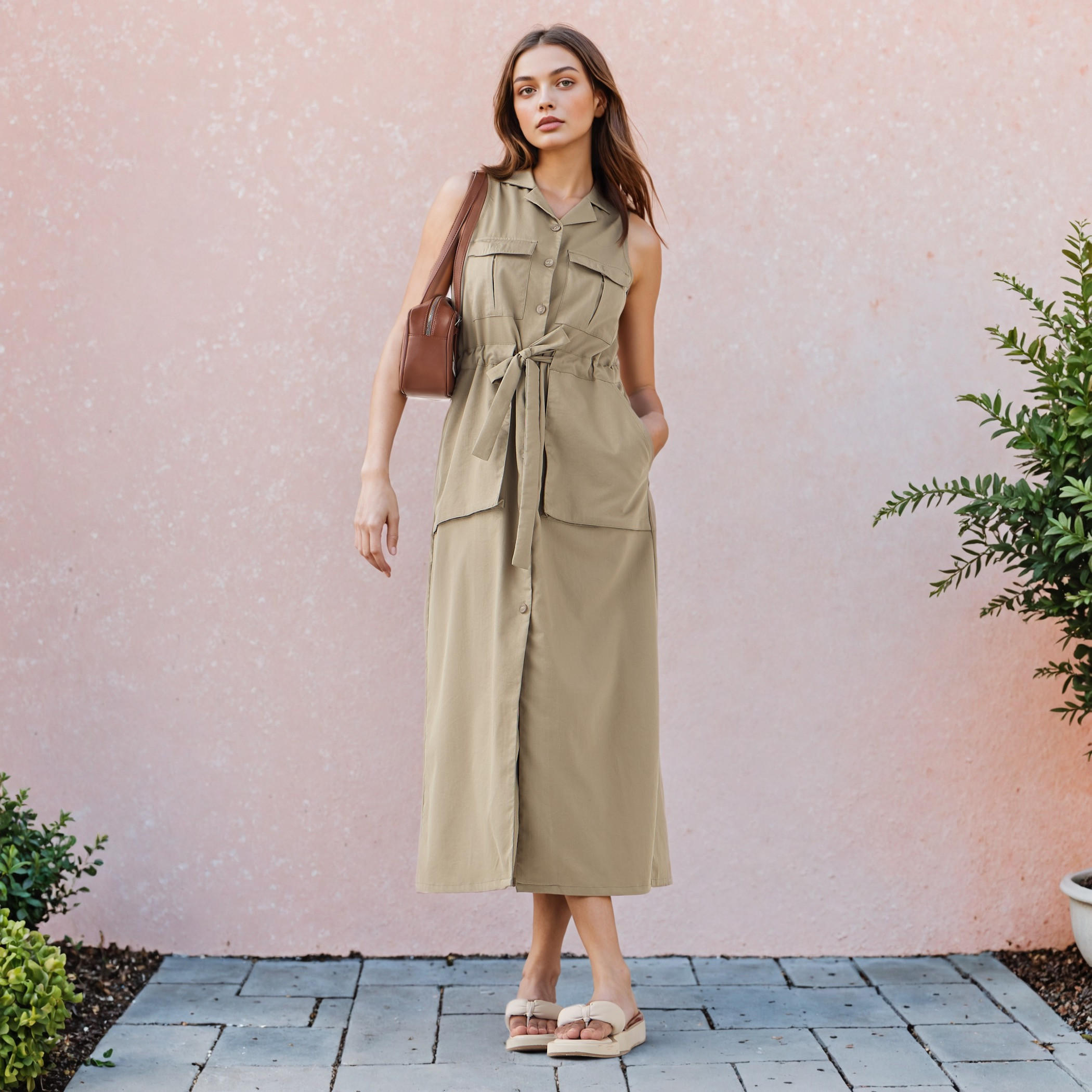 Sleeveless Midi Shirt Dress with Detachable Belt and Pockets-women-clothing-dresses-image-1
