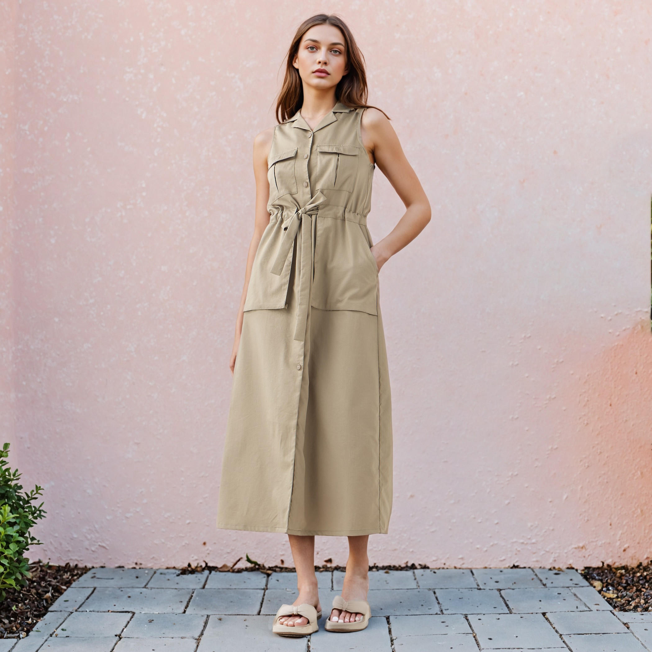 فستان قميص ميدي دون أكمام بحزام قابل للفصل وجيوب-women-clothing-dresses-image-2