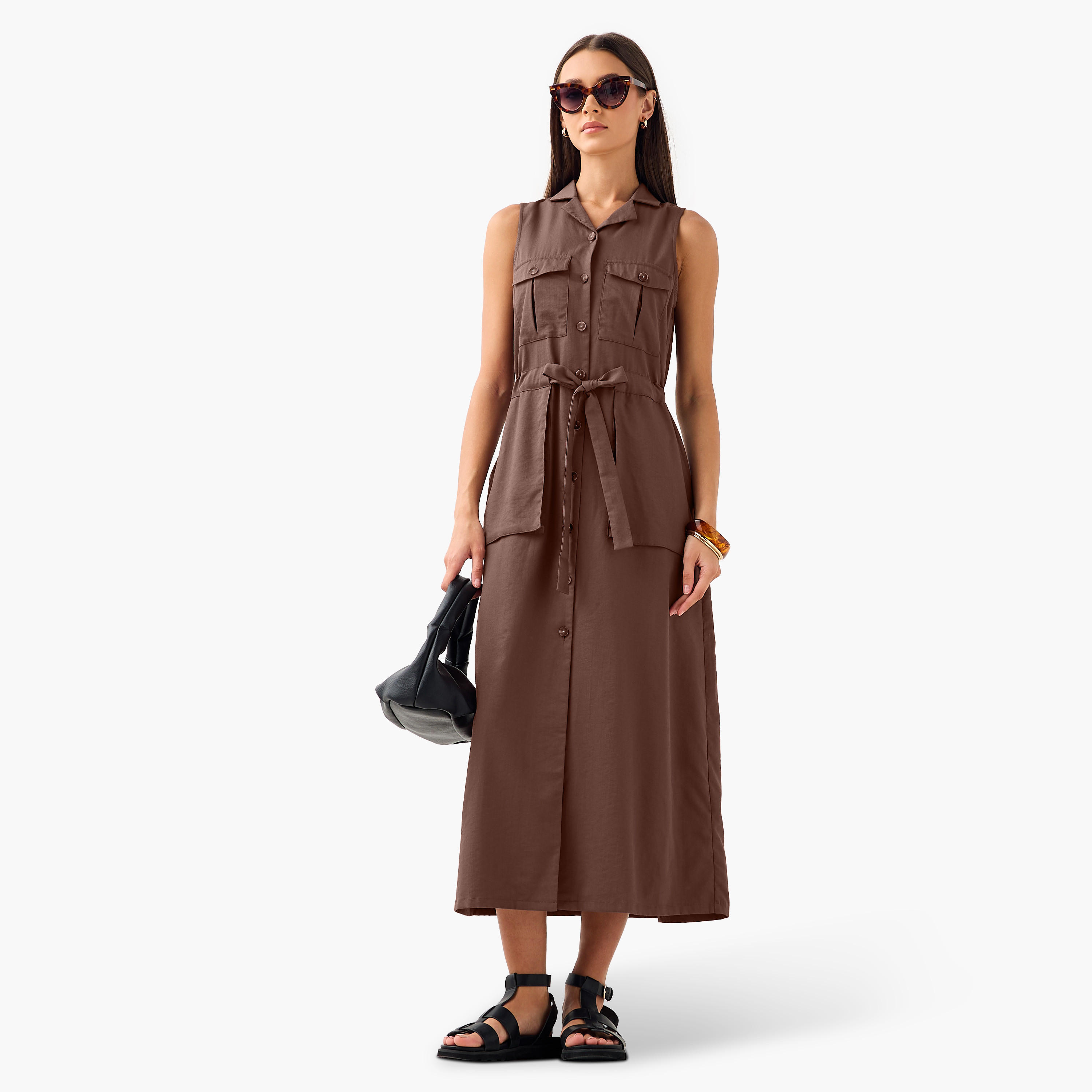 Sleeveless Midi Shirt Dress with Detachable Belt and Pockets-women-clothing-dresses-image-1