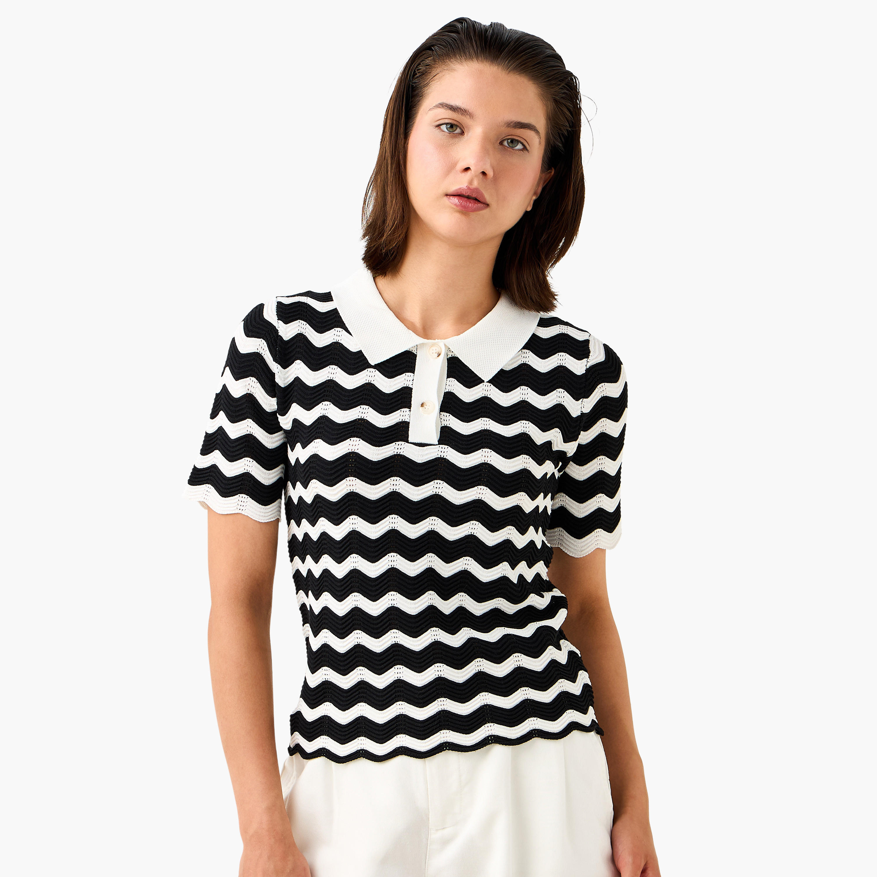 Ziz-Zag Textured Polo T-shirt with Short Sleeves-women-clothing-tshirts-image-1