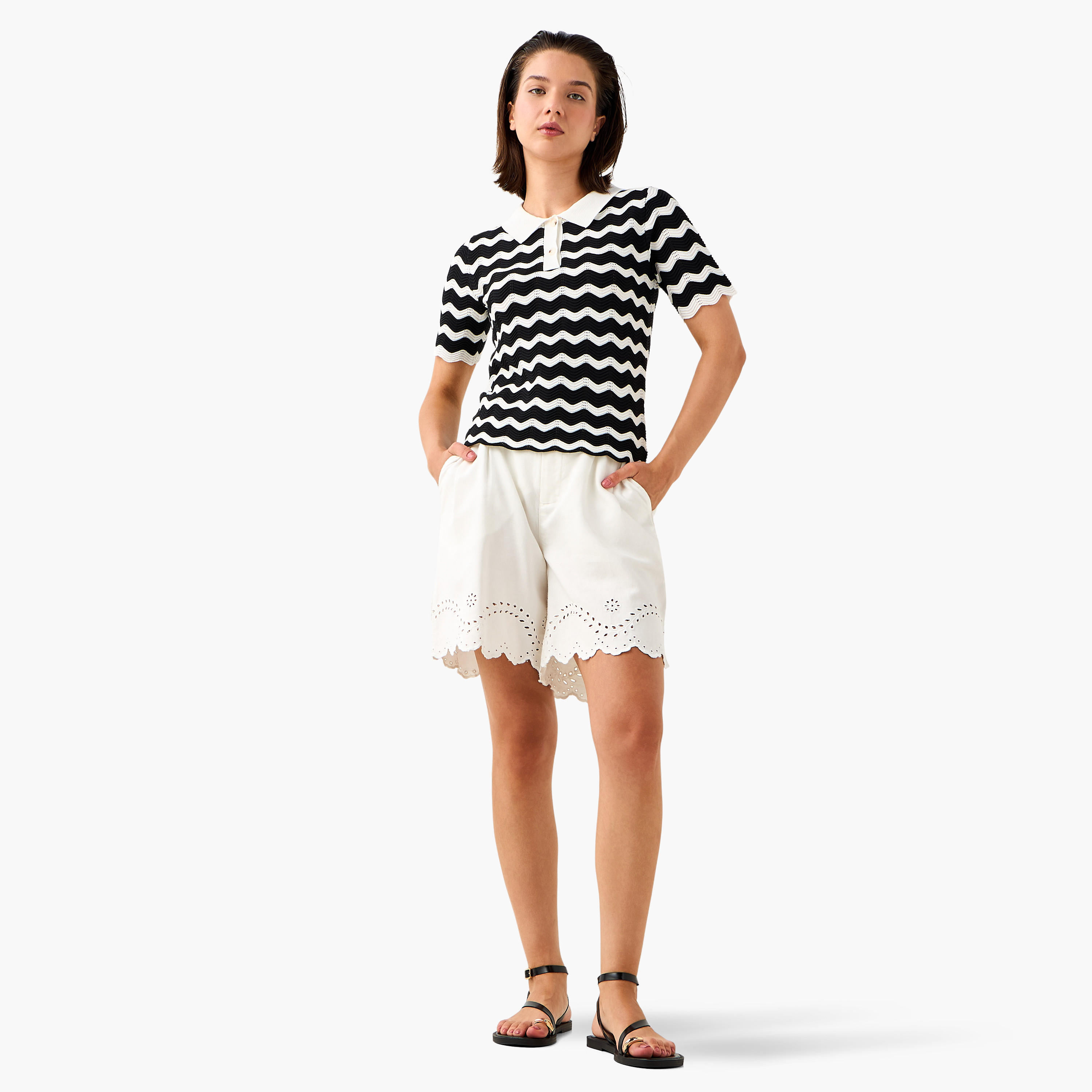 Ziz-Zag Textured Polo T-shirt with Short Sleeves-women-clothing-tshirts-image-2
