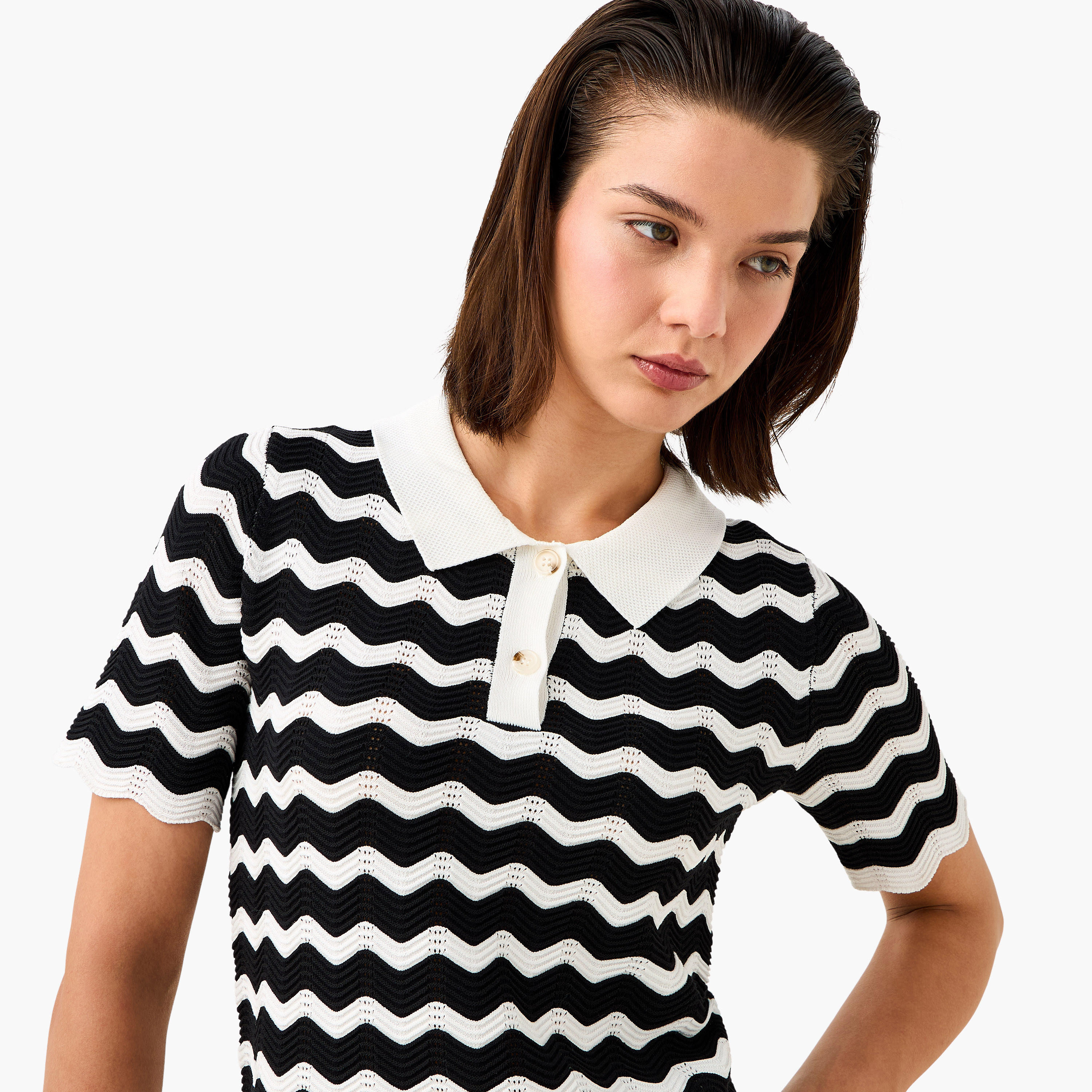 Ziz-Zag Textured Polo T-shirt with Short Sleeves-women-clothing-tshirts-image-4