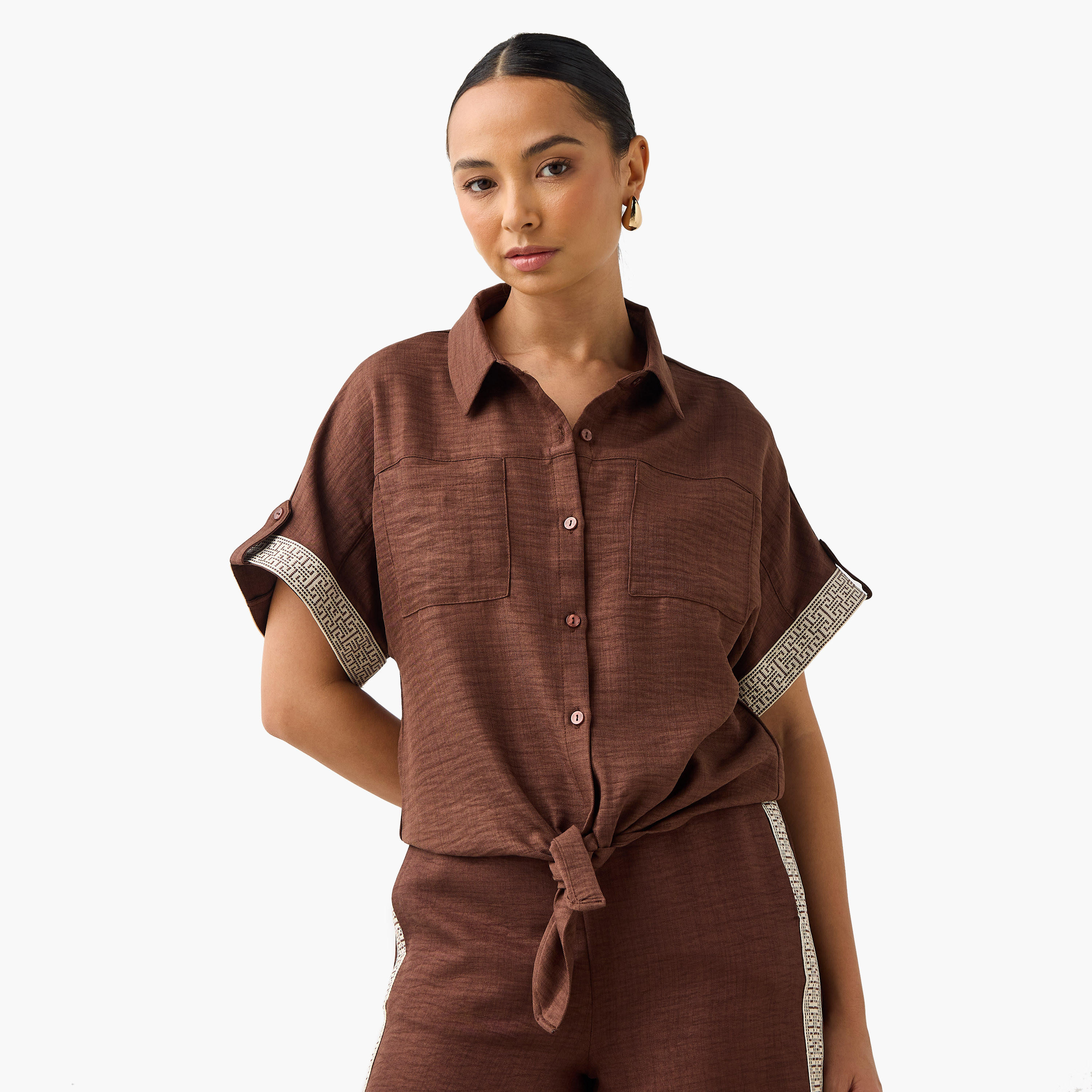 Panel Detail Crop Shirt with Knot and Pockets-women-clothing-shirtsandblouses-shirts-image-1