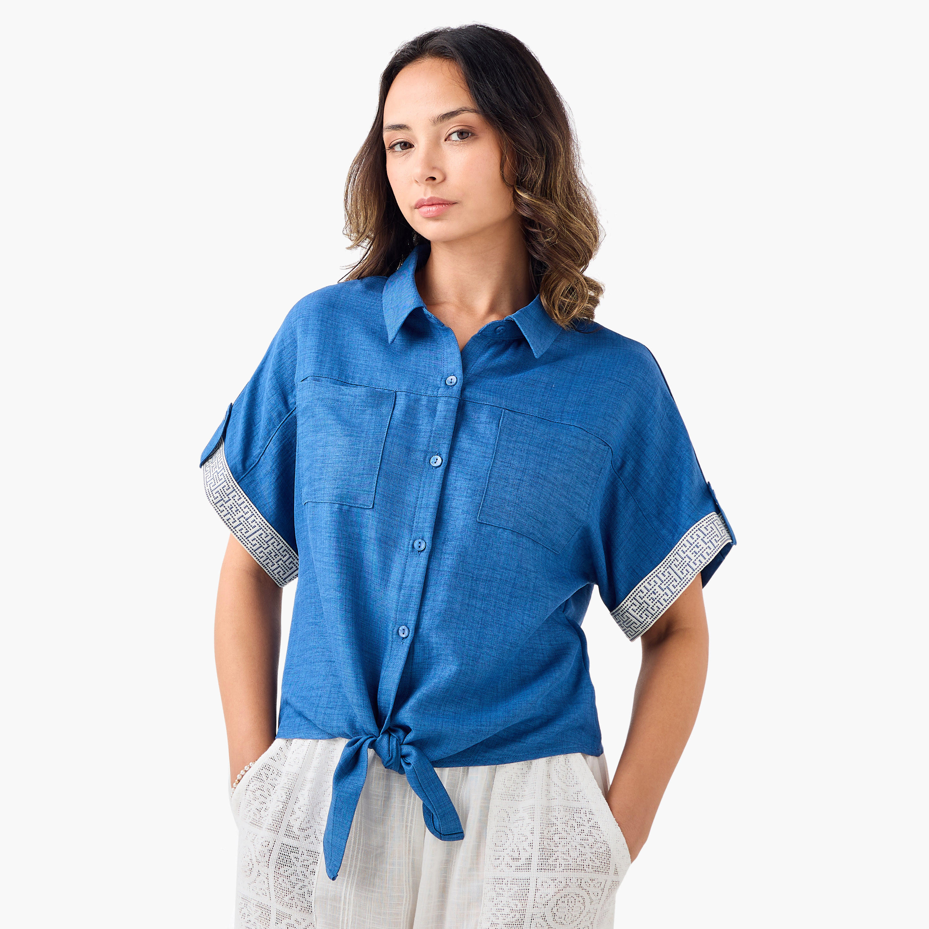 Panel Detail Crop Shirt with Knot and Pockets-women-clothing-shirtsandblouses-shirts-image-1