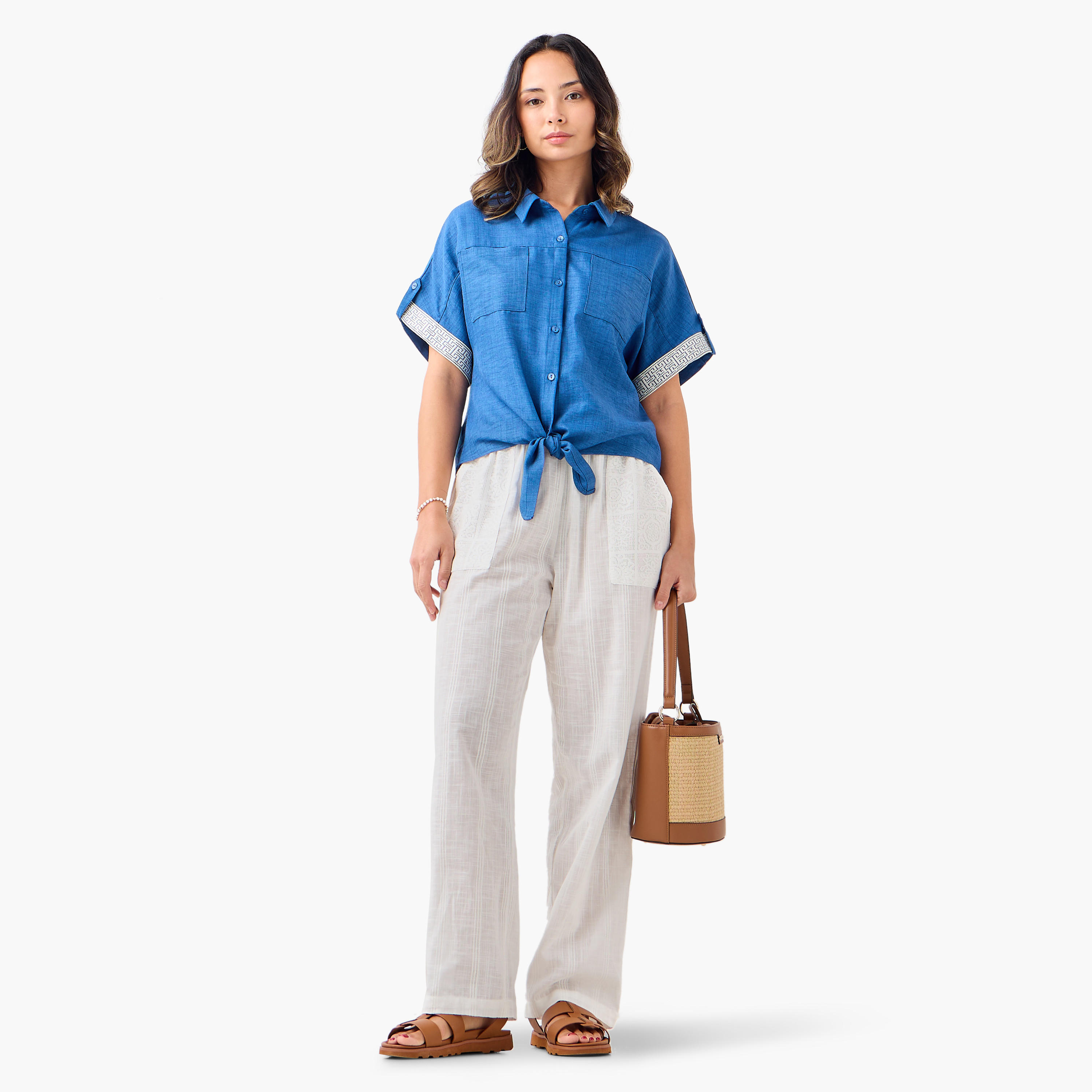 Panel Detail Crop Shirt with Knot and Pockets-women-clothing-shirtsandblouses-shirts-image-2