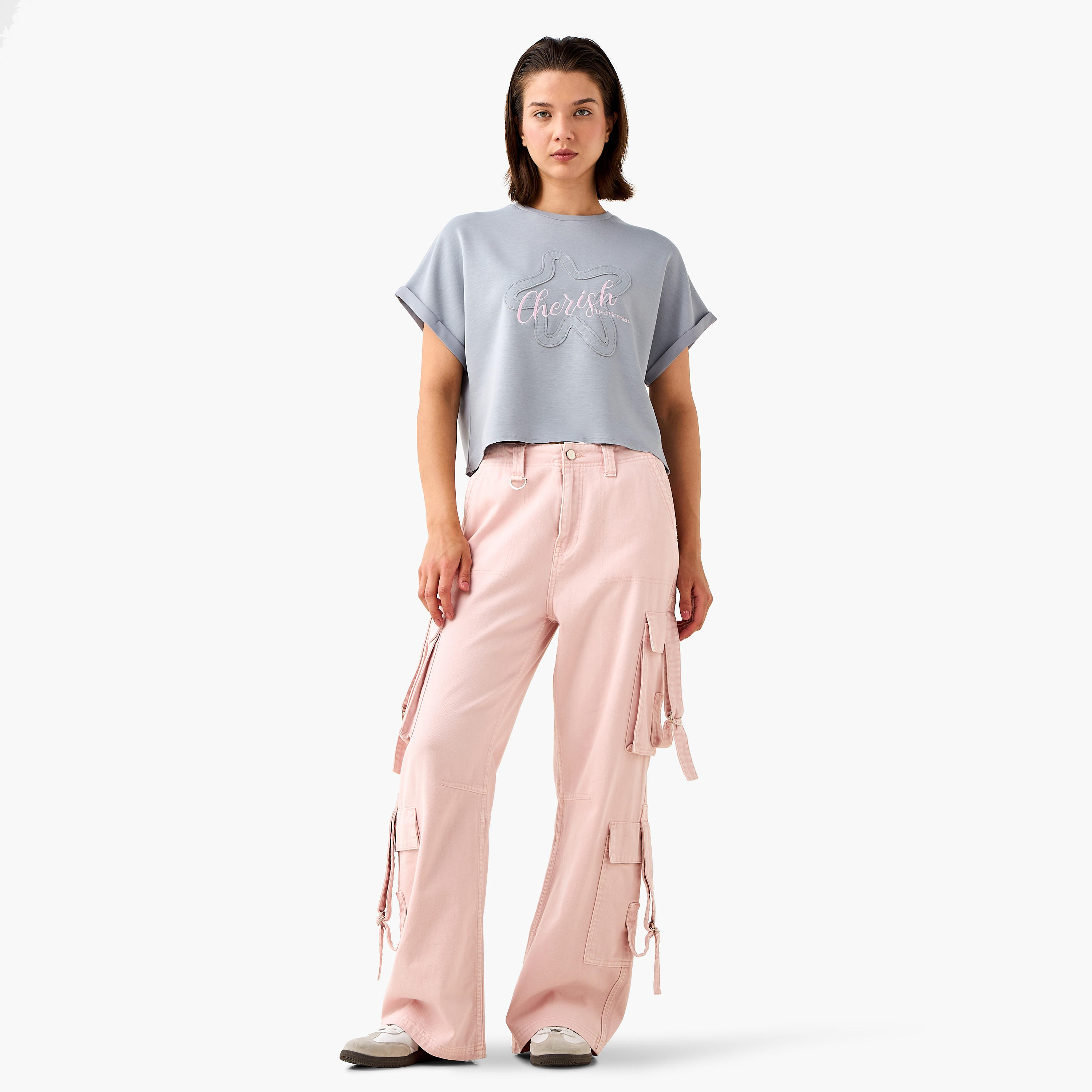 Printed Crew Neck T-shirt with Extended Short Sleeves-women-clothing-tshirts-image-2