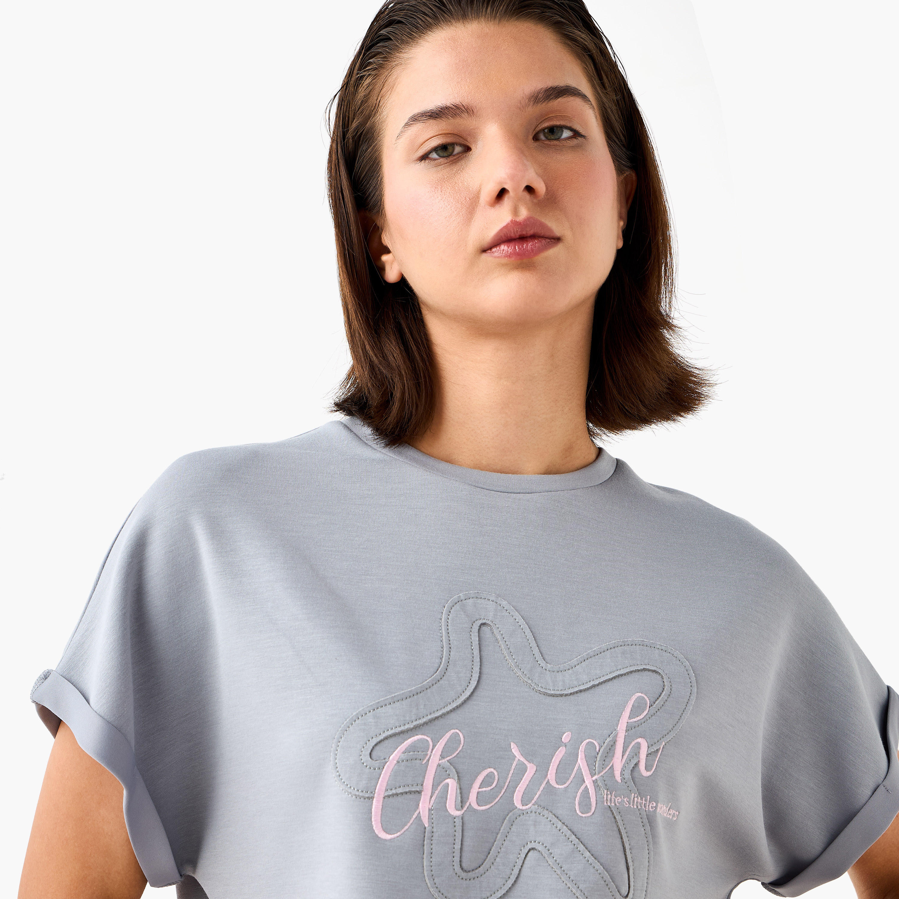 Printed Crew Neck T-shirt with Extended Short Sleeves-women-clothing-tshirts-image-4