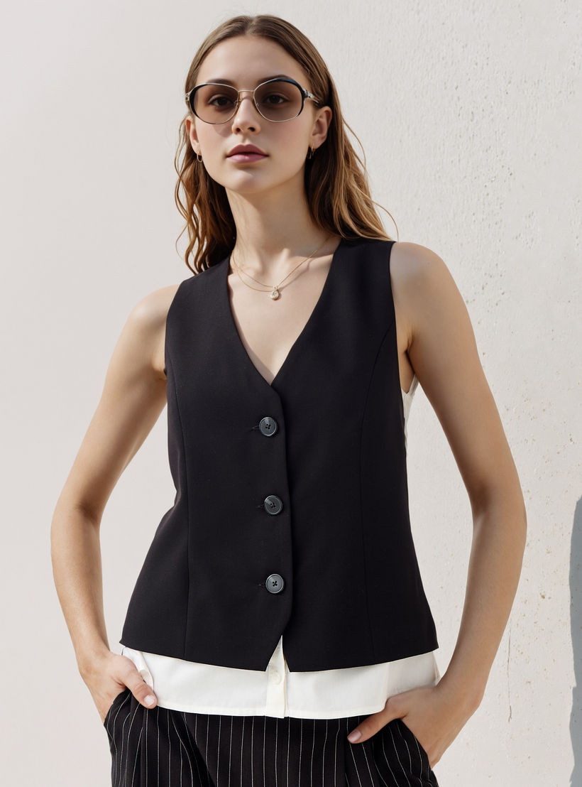 Regular Fit Waistcoat with Buckled Belt Detail-women-winterwear-coatsandjackets-waistcoats-image-1