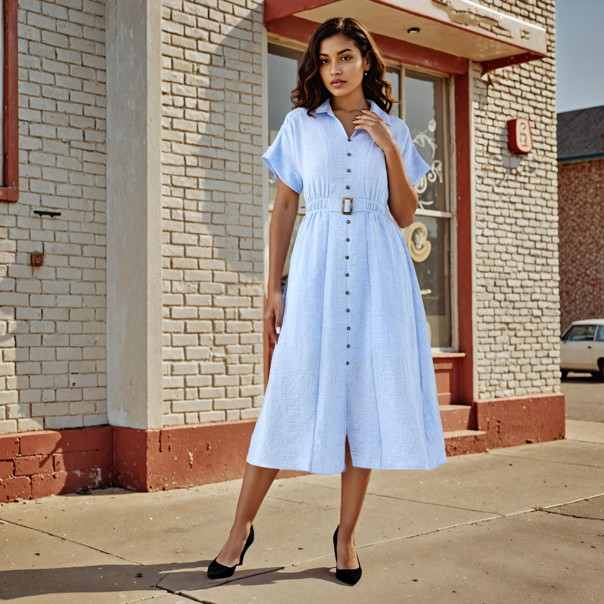 Belted Shirt Dress with Extended Short Sleeves-women-clothing-dresses-image-1